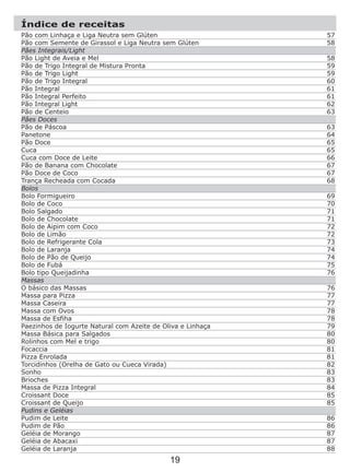 Pão com Linhaça e Liga Neutra sem Glúten
Pão com Semente de Girassol e Liga Neutra sem Glúten
Pães Integrais/Light
Pão Light de Aveia e Mel
Pão de Trigo Integral de Mistura Pronta
Pão de Trigo Light
Pão de Trigo Integral
Pão Integral
Pão Integral Perfeito
Pão Integral Light
Pão de Centeio
Pães Doces
Pão de Páscoa
Panetone
Pão Doce
Cuca
Cuca com Doce de Leite
Pão de Banana com Chocolate
Pão Doce de Coco
Trança Recheada com Cocada
Bolos
Bolo Formigueiro
Bolo de Coco
Bolo Salgado
Bolo de Chocolate
Bolo de Aipim com Coco
Bolo de Limão
Bolo de Refrigerante Cola
Bolo de Laranja
Bolo de Pão de Queijo
Bolo de Fubá
Bolo tipo Queijadinha
Massas
O básico das Massas
Massa para Pizza
Massa Caseira
Massa com Ovos
Massa de Esfiha
Paezinhos de Iogurte Natural com Azeite de Oliva e Linhaça
Massa Básica para Salgados
Rolinhos com Mel e trigo
Focaccia
Pizza Enrolada
Torcidinhos (Orelha de Gato ou Cueca Virada)
Sonho
Brioches
Massa de Pizza Integral
Croissant Doce
Croissant de Queijo
Pudins e Geléias
Pudim de Leite
Pudim de Pão
Geléia de Morango
Geléia de Abacaxi
Geléia de Laranja
Índice de receitas
19
57
58
58
59
59
60
61
61
62
63
63
64
65
65
66
67
67
68
69
70
71
71
72
72
73
74
74
75
76
76
77
77
78
78
79
80
80
81
81
82
83
83
84
85
85
86
86
87
87
88
 