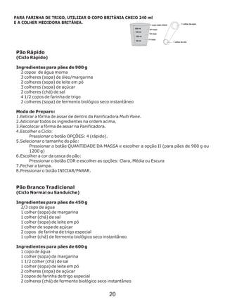 Pão Rápido
(Ciclo Rápido)
Ingredientes para pães de 900 g
2 copos de água morna
3 colheres (sopa) de óleo/margarina
2 colheres (sopa) de leite em pó
3 colheres (sopa) de açúcar
2 colheres (chá) de sal
4 1/2 copos de farinha de trigo
2 colheres (sopa) de fermento biológico seco instantâneo
Modo de Preparo:
1.Retirar a fôrma de assar de dentro da Panificadora Multi Pane.
2.Adicionar todos os ingredientes na ordem acima.
3.Recolocar a fôrma de assar na Panificadora.
4.Escolher o Ciclo:
Pressionar o botão OPÇÕES: 4 (rápido).
5.Selecionar o tamanho do pão:
Pressionar o botão QUANTIDADE DA MASSA e escolher a opção II (para pães de 900 g ou
1200 g)
6.Escolher a cor da casca do pão:
Pressionar o botão COR e escolher as opções: Clara, Média ou Escura
7.Fechar a tampa.
8.Pressionar o botão INICIAR/PARAR.
Pão Branco Tradicional
(Ciclo Normal ou Sanduíche)
Ingredientes para pães de 450 g
2/3 copo de água
1 colher (sopa) de margarina
1 colher (chá) de sal
1 colher (sopa) de leite em pó
1 colher de sopa de açúcar
2 copos de farinha de trigo especial
1 colher (chá) de fermento biológico seco instantâneo
Ingredientes para pães de 600 g
1 copo de água
1 colher (sopa) de margarina
1 1/2 colher (chá) de sal
1 colher (sopa) de leite em pó
2 colheres (sopa) de açúcar
3 copos de farinha de trigo especial
2 colheres (chá) de fermento biológico seco instantâneo
PARA FARINHA DE TRIGO, UTILIZAR O COPO BRITÂNIA CHEIO 240 ml
E A COLHER MEDIDORA BRITÂNIA.
20
 