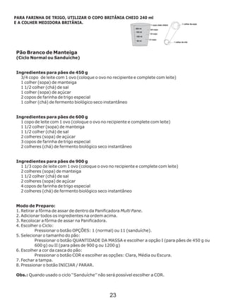 Pão Branco de Manteiga
(Ciclo Normal ou Sanduíche)
Ingredientes para pães de 450 g
3/4 copo de leite com 1 ovo (coloque o ovo no recipiente e complete com leite)
1 colher (sopa) de manteiga
1 1/2 colher (chá) de sal
1 colher (sopa) de açúcar
2 copos de farinha de trigo especial
1 colher (chá) de fermento biológico seco instantâneo
Ingredientes para pães de 600 g
1 copo de leite com 1 ovo (coloque o ovo no recipiente e complete com leite)
1 1/2 colher (sopa) de manteiga
1 1/2 colher (chá) de sal
2 colheres (sopa) de açúcar
3 copos de farinha de trigo especial
2 colheres (chá) de fermento biológico seco instantâneo
Ingredientes para pães de 900 g
1 1/3 copo de leite com 1 ovo (coloque o ovo no recipiente e complete com leite)
2 colheres (sopa) de manteiga
1 1/2 colher (chá) de sal
2 colheres (sopa) de açúcar
4 copos de farinha de trigo especial
2 colheres (chá) de fermento biológico seco instantâneo
Obs.: Quando usado o ciclo ‘‘Sanduíche’’ não será possível escolher a COR.
Modo de Preparo:
1. Retirar a fôrma de assar de dentro da Panificadora Multi Pane.
2. Adicionar todos os ingredientes na ordem acima.
3. Recolocar a fôrma de assar na Panificadora.
4. Escolher o Ciclo:
Pressionar o botão OPÇÕES: 1 (normal) ou 11 (sanduíche).
5. Selecionar o tamanho do pão:
Pressionar o botão QUANTIDADE DA MASSA e escolher a opção I (para pães de 450 g ou
600 g) ou II (para pães de 900 g ou 1200 g)
6. Escolher a cor da casca do pão:
Pressionar o botão COR e escolher as opções: Clara, Média ou Escura.
7. Fechar a tampa.
8. Pressionar o botão INICIAR / PARAR.
PARA FARINHA DE TRIGO, UTILIZAR O COPO BRITÂNIA CHEIO 240 ml
E A COLHER MEDIDORA BRITÂNIA.
23
 