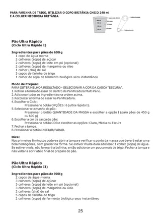 Pão Ultra Rápido
(Ciclo Ultra Rápido I)
Ingredientes para pães de 600 g
1 copo de água morna
2 colheres (sopa) de açúcar
2 colheres (sopa) de leite em pó (opcional)
2 colheres (sopa) de margarina ou óleo
1 colher (chá) de sal
3 copos de farinha de trigo
1 colher de sopa de fermento biológico seco
PARA OBTER MELHOR RESULTADO - SELECIONAR A COR DA CASCA “ESCURA”.
1.Retirar a forma de assar de dentro da Panificadora Multi Pane.
2.Adicionar todos os ingredientes na ordem acima.
3.Recolocar a forma de assar na Panificadora.
4.Escolher o Ciclo:
Pressionar o botão OPÇÕES: 6 (ultra rápido I).
5.Selecionar o tamanho do pão:
Pressionar o botão QUANTIDADE DA MASSA e escolher a opção I (para pães de 450 g
ou 600 g)
6.Escolher a cor da casca do pão:
Pressionar o botão COR e escolher as opções: Clara, Média ou Escura
7.Fechar a tampa.
8.Pressionar o botão INICIAR/PARAR.
Dica:
Nos primeiros 6 minutos pode-se abrir a tampa e verificar o ponto da massa que deverá estar uma
bola homogênea, sem grudar na fôrma. Se estiver muita dura adicionar 1 colher (sopa) de água.
Se estiver mole, não formará a bolinha; então adicionar um pouco mais de trigo. Fechar a tampa e
não voltar a abrir até o final do preparo do pão.
Pão Ultra Rápido
(Ciclo Ultra Rápido II)
Ingredientes para pães de 900 g
2 copos de água morna
3 colheres (sopa) de açúcar
3 colheres (sopa) de leite em pó (opcional)
3 colheres (sopa) de margarina ou óleo
2 colheres (chá) de sal
5 copos de farinha de trigo
2 colheres (sopa) de fermento biológico seco
instantâneo
Modo de Preparo:
instantâneo
PARA FARINHA DE TRIGO, UTILIZAR O COPO BRITÂNIA CHEIO 240 ml
E A COLHER MEDIDORA BRITÂNIA.
25
 