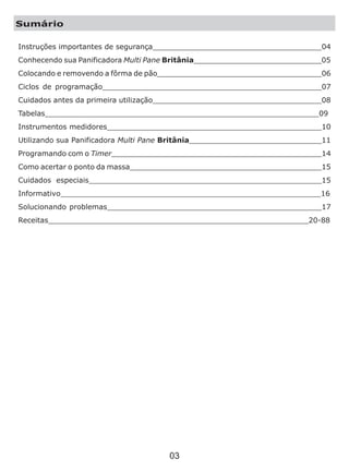 Instruções importantes de segurança_____________________________________04
____________________________
Colocando e removendo a fôrma de pão____________________________________06
Ciclos de programação________________________________________________07
Cuidados antes da primeira utilização_____________________________________08
Tabelas____________________________________________________________09
Instrumentos medidores_______________________________________________10
Utilizando
Programando com o Timer______________________________________________14
Como acertar o ponto da massa__________________________________________15
Cuidados especiais___________________________________________________15
Informativo_________________________________________________________16
Solucionando problemas_______________________________________________17
Receitas_________________________________________________________20-88
Conhecendo sua Panificadora Multi Pane Britânia 05
sua Panificadora Multi Pane Britânia_____________________________11
Sumário
03
 
