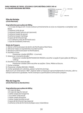 Pão de Goiaba
(Ciclo Normal)
Ingredientes para pães de 900 g
1 1/3 copo de água com 3 ovos (colocar primeiramente os ovos no recipiente e completar com
água)
2 colheres (chá) de sal
2 colheres (sopa) leite em pó (opcional)
2 colheres (sopa) de açúcar
4 colheres (sopa) manteiga
4 copos de farinha de trigo
2 1/2 colheres (chá) de fermento seco
1 copo de Goiabada (reservar)
Modo de Preparo
1. Retirar a fôrma de assar de dentro da Panificadora Multi Pane.
2. Adicionar todos os ingredientes na ordem acima.
3. Recolocar a fôrma de assar na Panificadora.
4. Escolher o Ciclo:
Pressionar o botão OPÇÕES: 1 (normal).
5. Selecionar o tamanho do pão:
Pressionar o botão QUANTIDADE DA MASSA e escolher a opção II (para pães de 900 g ou
1200 g)
6. Escolher a cor da casca do pão:
Pressionar o botão COR e escolher as opções: Clara, Média ou Escura.
7. Fechar a tampa.
8. Pressionar o botão INICIAR / PARAR.
9. Cortar goiabada em cubinhos, passar na farinha de trigo.
Após ouvir um sinal sonoro ‘‘BIP’’, esperar bater a massa por aproximadamente 5 minutos, abrir a
tampa e adicionar a goiabada. Feche a tampa e a panificadora continuará o preparo.
Ingredientes para pães de 600 g
Pão de Iogurte
(Ciclo Normal ou Sanduíche)
1/2 copo de água
1/2 copo de iogurte natural
1 colher (sopa) de margarina
1 1/2 colher (chá) de sal
1 colher (sopa) de açúcar
1 colher (sopa) de leite em pó
2 copos de farinha de trigo especial
2 colheres (chá) de fermento biológico seco instantâneo
PARA FARINHA DE TRIGO, UTILIZAR O COPO BRITÂNIA CHEIO 240 ml
E A COLHER MEDIDORA BRITÂNIA.
31
 