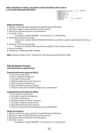 Modo de Preparo:
1. Retirar a fôrma de assar de dentro da Panificadora Multi Pane.
2. Adicionar todos os ingredientes na ordem acima.
3. Recolocar a fôrma de assar na Panificadora.
4. Escolher o Ciclo:
Pressionar o botão OPÇÕES: 1 (normal) ou 11 (sanduíche).
5. Selecionar o tamanho do pão:
Pressionar o botão QUANTIDADE DA MASSA e escolher a opção I (para pães de 450 g ou
600 g)
6. Escolher a cor da casca do pão:
Pressionar o botão COR e escolher as opções: Clara, Média ou Escura
7. Fechar a tampa.
8. Pressionar o botão INICIAR / PARAR.
Pão de Maçã e Canela
(Ciclo Normal ou Sanduíche)
1 copo de suco de maçã
1 colher (sopa) de margarina
1 1/2 colher (chá) de sal
2 colheres (sopa) de açúcar mascavo
1 colher (chá) de canela em pó
3 copos de farinha de trigo especial
2 colheres (chá) de fermento biológico seco instantâneo
1 1/3 copo de suco de maçã
1 1/2 colher (sopa) de margarina
1 1/2 colher (chá) de sal
2 colheres (sopa) de açúcar mascavo
1 1/2 colher (chá) de canela em pó
4 copos de farinha de trigo especial
2 colheres (chá) de fermento biológico seco instantâneo
Modo de Preparo:
1. Retirar a fôrma de assar de dentro da Panificadora Multi Pane.
2. Adicionar todos os ingredientes na ordem acima.
3. Recolocar a fôrma de assar na Panificadora.
4. Escolher o Ciclo:
Pressionar o botão OPÇÕES: 1 (normal) ou 11 (sanduíche)
Obs.: Quando usado o ciclo ‘‘Sanduíche’’ não será possível escolher a COR.
Ingredientes para pães de 600 g
Ingredientes para pães de 900 g
PARA FARINHA DE TRIGO, UTILIZAR O COPO BRITÂNIA CHEIO 240 ml
E A COLHER MEDIDORA BRITÂNIA.
32
 