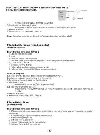 600 g) ou II (para pães de 900 g ou 1200 g)
6. Escolher a cor da casca do pão:
Pressionar o botão COR e escolher as opções: Clara, Média ou Escura.
7. Fechar a tampa.
8. Pressionar o botão INICIAR / PARAR.
Pão de batata-baroa (Mandioquinha)
(Ciclo Sanduíche)
Ingredientes para pães de 900 g
1 lata de leite condensado
2 ovos
4 colheres (sopa) de margarina
3 copos de batata-baroa (mandioquinha) cozida e espremida ainda quente
1/2 colher (chá) de sal
4 copos de farinha de trigo
1 colher (chá) melhorador para massa de pão
2 colheres (chá) fermento biológico seco instantâneo
Modo de Preparo
1. Retirar a fôrma de assar de dentro da Panificadora Multi Pane.
2. Adicionar todos os ingredientes na ordem acima.
3. Recolocar a fôrma de assar na Panificadora.
4. Escolher o Ciclo:
Pressionar o botão OPÇÕES: 11 (sanduíche).
5. Selecionar o tamanho do pão:
Pressionar o botão QUANTIDADE DA MASSA e escolher a opção II (para pães de 900 g ou
1200 g)
7. Fechar a tampa.
8. Pressionar o botão INICIAR / PARAR.
Ingredientes para pães de 900 g
Obs.: Quando usado o ciclo ‘‘Sanduíche’’ não será possível escolher a COR.
Pão de Batata Doce
(Ciclo Normal)
1 1/3 copos de leite morno com dois ovos (colocar primeiramente os ovos no copo e completar
com leite)
1 1/2 colheres (sopa) de margarina ou manteiga
1 1/2 colheres (chá) de sal
2 colheres (sopa) de açúcar
1 copo de batata doce cozida e amassada
3 copos de farinha de trigo especial
PARA FARINHA DE TRIGO, UTILIZAR O COPO BRITÂNIA CHEIO 240 ml
E A COLHER MEDIDORA BRITÂNIA.
37
 