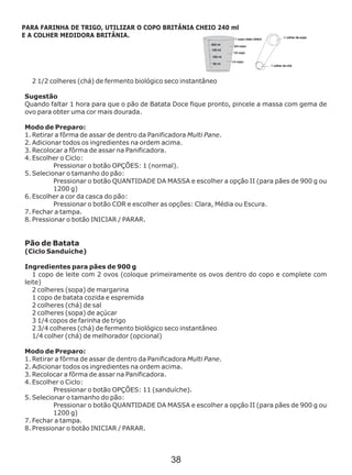 2 1/2 colheres (chá) de fermento biológico seco instantâneo
Sugestão
Quando faltar 1 hora para que o pão de Batata Doce fique pronto, pincele a massa com gema de
ovo para obter uma cor mais dourada.
Modo de Preparo:
1. Retirar a fôrma de assar de dentro da Panificadora Multi Pane.
2. Adicionar todos os ingredientes na ordem acima.
3. Recolocar a fôrma de assar na Panificadora.
4. Escolher o Ciclo:
Pressionar o botão OPÇÕES: 1 (normal).
5. Selecionar o tamanho do pão:
Pressionar o botão QUANTIDADE DA MASSA e escolher a opção II (para pães de 900 g ou
1200 g)
6. Escolher a cor da casca do pão:
Pressionar o botão COR e escolher as opções: Clara, Média ou Escura.
7. Fechar a tampa.
8. Pressionar o botão INICIAR / PARAR.
Pão de Batata
(Ciclo Sanduíche)
„
1 copo de leite com 2 ovos (coloque primeiramente os ovos dentro do copo e complete com
leite)
2 colheres (sopa) de margarina
1 copo de batata cozida e espremida
2 colheres (chá) de sal
2 colheres (sopa) de açúcar
3 1/4 copos de farinha de trigo
2 3/4 colheres (chá) de fermento biológico seco instantâneo
1/4 colher (chá) de melhorador (opcional)
Modo de Preparo:
1. Retirar a fôrma de assar de dentro da Panificadora Multi Pane.
2. Adicionar todos os ingredientes na ordem acima.
3. Recolocar a fôrma de assar na Panificadora.
4. Escolher o Ciclo:
Pressionar o botão OPÇÕES: 11 (sanduíche).
5. Selecionar o tamanho do pão:
Pressionar o botão QUANTIDADE DA MASSA e escolher a opção II (para pães de 900 g ou
1200 g)
7. Fechar a tampa.
8. Pressionar o botão INICIAR / PARAR.
Ingredientes para pães de 900 g
PARA FARINHA DE TRIGO, UTILIZAR O COPO BRITÂNIA CHEIO 240 ml
E A COLHER MEDIDORA BRITÂNIA.
38
 