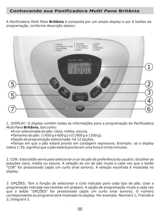 Conhecendo sua Panificadora Multi Pane Britânia
A Panificadora Multi Pane Britânia é composta por um amplo display e por 6 botões de
programação, conforme descrição abaixo:
1. DISPLAY: O display contém todas as informações para a programação da
, tais como:
•A cor selecionada do pão: clara, média, escura.
•Tamanho do pão: I (450 g e 600 g) e II (900 g e 1200 g).
•Opção de programação selecionada: há 12 opções.
•Tempo em que o pão estará pronto em contagem regressiva. Exemplo: se o display
indica 1:30, significa que o pão estará pronto em uma hora e trinta minutos.
2. COR: Este botão serve para selecionar a cor do pão de preferência do usuário. Escolher as
posições clara, média ou escura. A seleção de cor de pão muda a cada vez que o botão
“COR” for pressionado (após um curto sinal sonoro). A seleção escolhida é mostrada no
display.
3. OPÇÕES: Tem a função de selecionar o ciclo indicado para cada tipo de pão. Usar a
programação indicada nas receitas em preparo. A opção de programação muda a cada vez
que o botão “OPÇÕES” for pressionado (após um curto sinal sonoro). O número
correspondente ao programa será mostrado no display. Por exemplo: Normal é 1; Francês é
2; Integral é 3.
Panificadora
Multi Pane Britânia
05
 