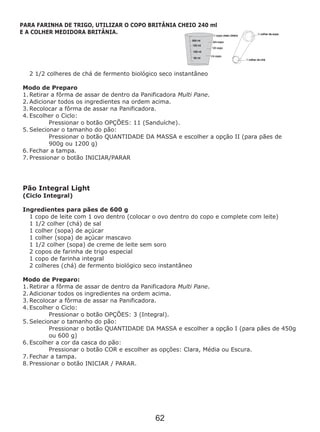 2 1/2 colheres de chá de fermento biológico seco instantâneo
Pão Integral Light
(Ciclo Integral)
1 copo de leite com 1 ovo dentro (colocar o ovo dentro do copo e complete com leite)
1 1/2 colher (chá) de sal
1 colher (sopa) de açúcar
1 colher (sopa) de açúcar mascavo
1 1/2 colher (sopa) de creme de leite sem soro
2 copos de farinha de trigo especial
1 copo de farinha integral
2 colheres (chá) de fermento biológico seco instantâneo
Modo de Preparo:
1. Retirar a fôrma de assar de dentro da Panificadora Multi Pane.
2. Adicionar todos os ingredientes na ordem acima.
3. Recolocar a fôrma de assar na Panificadora.
4. Escolher o Ciclo:
Pressionar o botão OPÇÕES: 3 (Integral).
5. Selecionar o tamanho do pão:
Pressionar o botão QUANTIDADE DA MASSA e escolher a opção I (para pães de 450g
ou 600 g)
6. Escolher a cor da casca do pão:
Pressionar o botão COR e escolher as opções: Clara, Média ou Escura.
7. Fechar a tampa.
8. Pressionar o botão INICIAR / PARAR.
Modo de Preparo
1. Retirar a fôrma de assar de dentro da Panificadora Multi Pane.
2. Adicionar todos os ingredientes na ordem acima.
3. Recolocar a fôrma de assar na Panificadora.
4. Escolher o Ciclo:
Pressionar o botão OPÇÕES: 11 (Sanduíche).
5. Selecionar o tamanho do pão:
Pressionar o botão QUANTIDADE DA MASSA e escolher a opção II (para pães de
900g ou 1200 g)
6. Fechar a tampa.
7. Pressionar o botão INICIAR/PARAR
Ingredientes para pães de 600 g
PARA FARINHA DE TRIGO, UTILIZAR O COPO BRITÂNIA CHEIO 240 ml
E A COLHER MEDIDORA BRITÂNIA.
62
 