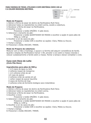Modo de Preparo:
1. Retirar a fôrma de assar de dentro da Panificadora Multi Pane.
2. Adicionar todos os ingredientes na ordem acima, exceto a cobertura.
3. Recolocar a fôrma de assar na Panificadora.
4. Escolher o Ciclo:
Pressionar o botão OPÇÕES: 5 (pão doce).
5. Selecionar o tamanho do pão:
Pressionar o botão QUANTIDADE DA MASSA e escolher a opção II (para pães de
900g ou 1200 g)
6. Escolher a cor da casca do pão:
Pressionar o botão COR e escolher as opções: Clara, Média ou Escura.
7. Fechar a tampa.
8. Pressionar o botão INICIAR / PARAR.
Modo de Preparo da cobertura:
Misturar com a mão a manteiga, o açúcar e a farinha até adquirir consistência de farofa.
Quando o display da Panificadora marcar 1:00, pincelar o ovo sobre a massa crescida e
colocar cuidadosamente a farofa sobre a massa. Fechar a tampa e deixar completar o ciclo.
Cuca com Doce de Leite
(Ciclo Pão Doce)
Ingredientes para pães de 900 g
1 1/3 copos de água ou leite
2 colheres (sopa) de margarina
1 1/2 colheres (chá) de sal
1/2 copo de açúcar
2 colheres (chá) de canela em pó
1 colher (sopa) de açúcar baunilha
4 copos de farinha de trigo
2 colheres (chá) de fermento biológico seco instantâneo
Modo de Preparo:
1. Retirar a fôrma de assar de dentro da Panificadora Multi Pane.
2. Adicionar todos os ingredientes na ordem acima.
3. Recolocar a fôrma de assar na Panificadora.
4. Escolher o Ciclo:
Pressionar o botão OPÇÕES: 5 (pão doce).
5. Selecionar o tamanho do pão:
Pressionar o botão QUANTIDADE DA MASSA e escolher a opção II (para pães de
900g ou 1200 g.
6. Escolher a cor da casca do pão:
Pressionar o botão COR e escolher as opções: Clara, Média ou Escura.
7. Fechar a tampa.
8. Pressionar o botão INICIAR / PARAR.
PARA FARINHA DE TRIGO, UTILIZAR O COPO BRITÂNIA CHEIO 240 ml
E A COLHER MEDIDORA BRITÂNIA.
66
 