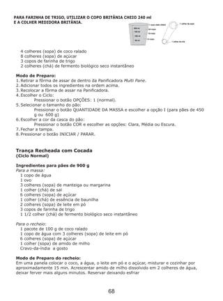4 colheres (sopa) de coco ralado
8 colheres (sopa) de açúcar
3 copos de farinha de trigo
2 colheres (chá) de fermento biológico seco instantâneo
Modo de Preparo:
1. Retirar a fôrma de assar de dentro da Panificadora Multi Pane.
2. Adicionar todos os ingredientes na ordem acima.
3. Recolocar a fôrma de assar na Panificadora.
4. Escolher o Ciclo:
Pressionar o botão OPÇÕES: 1 (normal).
5. Selecionar o tamanho do pão:
Pressionar o botão QUANTIDADE DA MASSA e escolher a opção I (para pães de 450
g ou 600 g)
6. Escolher a cor da casca do pão:
Pressionar o botão COR e escolher as opções: Clara, Média ou Escura.
7. Fechar a tampa.
8. Pressionar o botão INICIAR / PARAR.
Trança Recheada com Cocada
(Ciclo Normal)
Para a massa:
1 copo de água
1 ovo
3 colheres (sopa) de manteiga ou margarina
1 colher (chá) de sal
6 colheres (sopa) de açúcar
1 colher (chá) de essência de baunilha
2 colheres (sopa) de leite em pó
3 copos de farinha de trigo
1 1/2 colher (chá) de fermento biológico seco instantâneo
Para o recheio:
1 pacote de 100 g de coco ralado
1 copo de água com 3 colheres (sopa) de leite em pó
6 colheres (sopa) de açúcar
1 colher (sopa) de amido de milho
Cravo-da-índia a gosto
Modo de Preparo do recheio:
Em uma panela colocar o coco, a água, o leite em pó e o açúcar, misturar e cozinhar por
aproximadamente 15 min. Acrescentar amido de milho dissolvido em 2 colheres de água,
deixar ferver mais alguns minutos. Reservar deixando esfriar
Ingredientes para pães de 900 g
PARA FARINHA DE TRIGO, UTILIZAR O COPO BRITÂNIA CHEIO 240 ml
E A COLHER MEDIDORA BRITÂNIA.
68
 