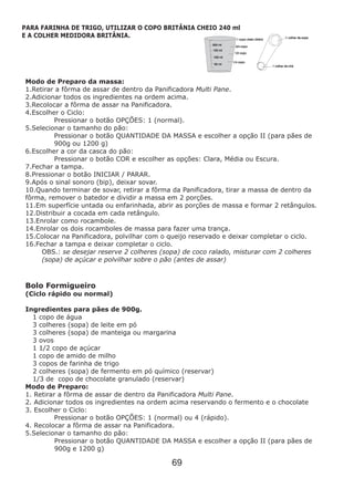 Modo de Preparo da massa:
1.Retirar a fôrma de assar de dentro da Panificadora Multi Pane.
2.Adicionar todos os ingredientes na ordem acima.
3.Recolocar a fôrma de assar na Panificadora.
4.Escolher o Ciclo:
Pressionar o botão OPÇÕES: 1 (normal).
5.Selecionar o tamanho do pão:
Pressionar o botão QUANTIDADE DA MASSA e escolher a opção II (para pães de
900g ou 1200 g)
6.Escolher a cor da casca do pão:
Pressionar o botão COR e escolher as opções: Clara, Média ou Escura.
7.Fechar a tampa.
8.Pressionar o botão INICIAR / PARAR.
9.Após o sinal sonoro (bip), deixar sovar.
10.Quando terminar de sovar, retirar a fôrma da Panificadora, tirar a massa de dentro da
fôrma, remover o batedor e dividir a massa em 2 porções.
11.Em superfície untada ou enfarinhada, abrir as porções de massa e formar 2 retângulos.
12.Distribuir a cocada em cada retângulo.
13.Enrolar como rocambole.
14.Enrolar os dois rocamboles de massa para fazer uma trança.
15.Colocar na Panificadora, polvilhar com o queijo reservado e deixar completar o ciclo.
16.Fechar a tampa e deixar completar o ciclo.
OBS.: se desejar reserve 2 colheres (sopa) de coco ralado, misturar com 2 colheres
(sopa) de açúcar e polvilhar sobre o pão (antes de assar)
Bolo Formigueiro
(Ciclo rápido ou normal)
Ingredientes para pães de 900g.
1 copo de água
3 colheres (sopa) de leite em pó
3 colheres (sopa) de manteiga ou margarina
3 ovos
1 1/2 copo de açúcar
1 copo de amido de milho
3 copos de farinha de trigo
2 colheres (sopa) de fermento em pó químico (reservar)
1/3 de copo de chocolate granulado (reservar)
Modo de Preparo:
1. Retirar a fôrma de assar de dentro da Panificadora Multi Pane.
2. Adicionar todos os ingredientes na ordem acima reservando o fermento e o chocolate
3. Escolher o Ciclo:
Pressionar o botão OPÇÕES: 1 (normal) ou 4 (rápido).
4. Recolocar a fôrma de assar na Panificadora.
5.Selecionar o tamanho do pão:
Pressionar o botão QUANTIDADE DA MASSA e escolher a opção II (para pães de
900g e 1200 g)
PARA FARINHA DE TRIGO, UTILIZAR O COPO BRITÂNIA CHEIO 240 ml
E A COLHER MEDIDORA BRITÂNIA.
69
 