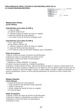 77
Massa para Pizza
(Ciclo Massa)
Ingredientes para pães de 600 g
1 copo de água
1/2 colher (chá) de sal
2 colheres (sopa) de azeite de oliva ou vegetal
3 copos de farinha de trigo especial
1 1/2 colher (chá) de fermento biológico seco
Ingredientes para pães de 900 g
1 1/3 copo de água
3/4 de colher (chá) de sal
3 colheres (sopa) de azeite de oliva ou vegetal
4 copos de farinha de trigo especial
2 1/2 colheres (chá) de fermento biológico seco instantâneo
Modo de preparo
1.Retirar a fôrma de assar de dentro da Panificadora.
2.Adicionar todos os ingredientes na ordem acima.
3.Recolocar a fôrma de assar na Panificadora.
4.Escolher o Ciclo.
Pressionar o botão OPÇÕES: 8 (massa).
5.Fechar a tampa e pressionar o botão Iniciar/Parar.
6.Quando a massa estiver pronta, retirá-la da fôrma de assar e colocar a massa dentro de
uma fôrma de pizza untada e modelar com as mãos ou com um garfo. Deixar crescer por 10
minutos. Aquecer o forno do fogão. Colocar o molho sobre a massa e depois acrescentar os
outros ingredientes. Deixar no forno aproximadamente 20 minutos ou até a massa ficar
dourada.
Massa Caseira
(Ciclo Massa)
2 copos de farinha de trigo especial
1 copo de farinha de semolina (trigo especial)
1 colher (chá) de sal
1 colher (sopa) de azeite de oliva ou vegetal
1/4 copo de água
Modo de preparo
1.Retirar a fôrma de assar de dentro da Panificadora.
2.Adicionar todos os ingredientes na ordem acima.
3.Recolocar a fôrma de assar na Panificadora.
4.Escolher o Ciclo.
PARA FARINHA DE TRIGO, UTILIZAR O COPO BRITÂNIA CHEIO 240 ml
E A COLHER MEDIDORA BRITÂNIA.
 