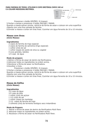 Pressionar o botão OPÇÕES: 8 (massa).
5.Fechar a tampa e pressionar o botão INICIAR / PARAR.
Quando a massa estiver pronta, retirá-la da fôrma de assar e colocar em uma superfície
coberta com uma fina camada de farinha.
6.Enrolar a massa e cortar em tiras finas. Cozinhar em água fervente de 10 a 15 minutos.
Massa com Ovos
(Ciclo Massa)
Ingredientes
2 copos de farinha de trigo especial
2 copos de farinha de semolina (trigo especial)
1 colher (chá) de sal
1 colher (sopa) de azeite de oliva ou vegetal
4 ovos grandes, batidos
1/3 copo de água
Modo de preparo
1.Retirar a fôrma de assar de dentro da Panificadora.
2.Adicionar todos os ingredientes na ordem acima.
3.Recolocar a fôrma de assar na Panificadora.
4.Escolher o Ciclo.
Pressionar o botão OPÇÕES: 8 (massa).
5.Fechar a tampa e pressionar o botão INICIAR / PARAR.
Quando a massa estiver pronta, retirá-la da fôrma de assar e colocar em uma superfície
coberta com uma fina camada de farinha.
6.Enrolar a massa e cortar em tiras finas. Cozinhar em água fervente de 10 a 15 minutos.
Massa de Esfiha
(Ciclo Massa)
Ingredientes
1/2 copo de água
1/2 copo de leite
1 colher (chá) de açúcar
1 1/2 (chá) de sal
1 colher (sopa) de manteiga
3 1/2 copos de farinha de trigo
2 colheres (chá) de fermento biológico seco instantâneo
Modo de Preparo
1. Retirar a fôrma de assar de dentro da Panificadora Multi Pane
2. Adicionar todos os ingredientes na ordem acima.
3. Recolocar a fôrma de assar na Panificadora Multi Pane.
PARA FARINHA DE TRIGO, UTILIZAR O COPO BRITÂNIA CHEIO 240 ml
E A COLHER MEDIDORA BRITÂNIA.
78
 