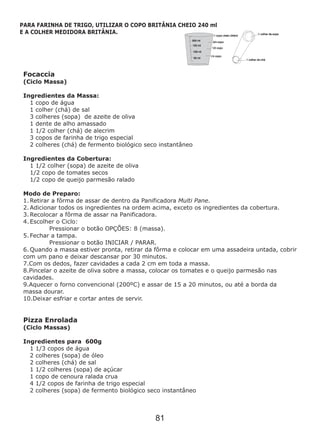 Focaccia
(Ciclo Massa)
Ingredientes da Massa:
1 copo de água
1 colher (chá) de sal
3 colheres (sopa) de azeite de oliva
1 dente de alho amassado
1 1/2 colher (chá) de alecrim
3 copos de farinha de trigo especial
2 colheres (chá) de fermento biológico seco instantâneo
Ingredientes da Cobertura:
1 1/2 colher (sopa) de azeite de oliva
1/2 copo de tomates secos
1/2 copo de queijo parmesão ralado
Modo de Preparo:
1. Retirar a fôrma de assar de dentro da Panificadora Multi Pane.
2. Adicionar todos os ingredientes na ordem acima, exceto os ingredientes da cobertura.
3. Recolocar a fôrma de assar na Panificadora.
4. Escolher o Ciclo:
Pressionar o botão OPÇÕES: 8 (massa).
5. Fechar a tampa.
Pressionar o botão INICIAR / PARAR.
6. Quando a massa estiver pronta, retirar da fôrma e colocar em uma assadeira untada, cobrir
com um pano e deixar descansar por 30 minutos.
7.Com os dedos, fazer cavidades a cada 2 cm em toda a massa.
8.Pincelar o azeite de oliva sobre a massa, colocar os tomates e o queijo parmesão nas
cavidades.
9.Aquecer o forno convencional (200ºC) e assar de 15 a 20 minutos, ou até a borda da
massa dourar.
10.Deixar esfriar e cortar antes de servir.
Pizza Enrolada
(Ciclo Massas)
Ingredientes para 600g
1 1/3 copos de água
2 colheres (sopa) de óleo
2 colheres (chá) de sal
1 1/2 colheres (sopa) de açúcar
1 copo de cenoura ralada crua
4 1/2 copos de farinha de trigo especial
2 colheres (sopa) de fermento biológico seco instantâneo
PARA FARINHA DE TRIGO, UTILIZAR O COPO BRITÂNIA CHEIO 240 ml
E A COLHER MEDIDORA BRITÂNIA.
81
 