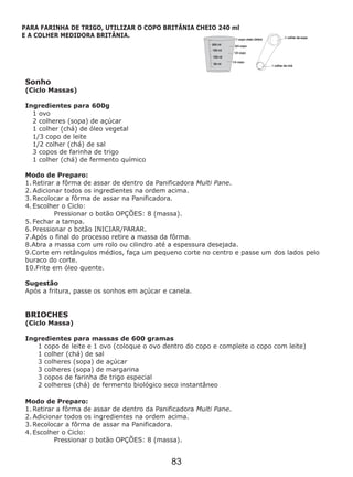 Sonho
(Ciclo Massas)
Ingredientes para 600g
1 ovo
2 colheres (sopa) de açúcar
1 colher (chá) de óleo vegetal
1/3 copo de leite
1/2 colher (chá) de sal
3 copos de farinha de trigo
1 colher (chá) de fermento químico
Modo de Preparo:
1. Retirar a fôrma de assar de dentro da Panificadora Multi Pane.
2. Adicionar todos os ingredientes na ordem acima.
3. Recolocar a fôrma de assar na Panificadora.
4. Escolher o Ciclo:
Pressionar o botão OPÇÕES: 8 (massa).
5. Fechar a tampa.
6. Pressionar o botão INICIAR/PARAR.
BRIOCHES
(Ciclo Massa)
Ingredientes para massas de 600 gramas
1 copo de leite e 1 ovo (coloque o ovo dentro do copo e complete o copo com leite)
1 colher (chá) de sal
3 colheres (sopa) de açúcar
3 colheres (sopa) de margarina
3 copos de farinha de trigo especial
2 colheres (chá) de fermento biológico seco instantâneo
Modo de Preparo:
1. Retirar a fôrma de assar de dentro da Panificadora Multi Pane.
2. Adicionar todos os ingredientes na ordem acima.
3. Recolocar a fôrma de assar na Panificadora.
4. Escolher o Ciclo:
Pressionar o botão OPÇÕES: 8 (massa).
7.Após o final do processo retire a massa da fôrma.
8.Abra a massa com um rolo ou cilindro até a espessura desejada.
9.Corte em retângulos médios, faça um pequeno corte no centro e passe um dos lados pelo
buraco do corte.
10.Frite em óleo quente.
Sugestão
Após a fritura, passe os sonhos em açúcar e canela.
PARA FARINHA DE TRIGO, UTILIZAR O COPO BRITÂNIA CHEIO 240 ml
E A COLHER MEDIDORA BRITÂNIA.
83
 