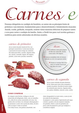 22
carnes
S e r v i ç o s
Carnes e
carnes de segunda
são as carnes retiradas da parte dianteira
do boi. Ideais para moer, para ensopados e
assados de panela. Precisam de maior tempo
de cozimento para amaciar. Algumas delas
são: paleta, fraldinha, músculo, acém, costela.
carnes de primeira
são as carnes da parte traseira do boi, sua
principal característica é serem mais macias
e precisarem de menos tempo de cozimento.
São ideais para bifes e assados. Algumas delas
são: alcatra, contrafilé, lagarto, filé mignon,
patinho, coxão mole, picanha, maminha.
como comprar
Ao comprar carne bovina, verifique se ela está
conservada sob refrigeração, firme, com cor vermelho-
vivo, além de ter aroma característico de carne. Sua
gordura deve ser firme e ter coloração esbranquiçada e
ao pressionar a carne com a ponta dos dedos, ela deve
ceder ao toque e voltar ao normal.
Caso esteja escura, com gordura amarelada, com
cheiro desagradável ou muito mole, a carne já está
em estado de decomposição.
Ao preparar a carne, passe-a ligeiramente pela água
corrente e guarde-a em um recipiente tampado,
em geladeira. Retire a carne da geladeira um
pouco antes de prepará-la, para que readquira a
consistência original.
Alcatra
Maminha
Acém
Cupim
Presença obrigatória no cardápio do brasileiro, as carnes são as principais fontes de
proteínas e sais minerais, fundamentais para o desenvolvimento e fortalecimento muscular.
Assada, cozida, grelhada, ensopada, existem várias maneiras deliciosas de preparar carnes
e aves para variar o cardápio da família. Assim, a Nestlé traz para você receitas gostosas e
nutritivas para serem saboreadas em diversas ocasiões.
_	Os melhores cortes para preparo
de bifes são contra-filé, alcatra,
coxão mole e filé mignon.
_	Chama-se medalhão bifes de formato
redondo ou oval e de espessura média.
_	Chama-se escalope bifes finos
feitos no sentido transversal
das fibras da carne.
dicas
 