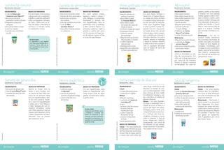 Sanduíche natural                                                                                                                        Sardela de pimentão amarelo                                                                                                                               Peixe grelhado com aspargos                                                                                                                                                    Moussaká
                                                                              Rendimento: 8 porções                                                                                                                    Rendimento: 2 xícaras (chá)                                                                                                                               Rendimento: 5 porções                                                                                                                                                          Rendimento: 8 porções

                                                                              INgrEdIENtES                  Modo dE PrEParar                                                                                           INgrEdIENtES                   Modo dE PrEParar                                                                                                           INgrEdIENtES                    Modo dE PrEParar                                                                                                                               INgrEdIENtES                  gideira, grelhe as berinjelas
                                                                              1 copo de Requeijão           Em uma tigela, misture bem                                                                                 meia xícara (chá) de azeite    Em uma panela média,                                                                                                       500g de salmão em               Em uma tigela, tempere o                                                                                                                       2 berinjelas médias           e reserve. Em uma panela
                                                                                Cremoso Light Nestlé®       o Requeijão com o espinafre.                                                                               3 dentes de alho amassados     aqueça o azeite e doure o                                                                                                    postas (5 postas)             peixe com o Fondor Maggi,                                                                                                                      meia colher (sopa) de sal     média, aqueça o óleo e refo-
                                                                              meia xícara (chá) de          Espalhe o patê de espinafre                                                                                3 pimentões amarelos           alho. Refogue os pimentões                                                                                                 meia colher (sopa)              as raspas de limão siciliano                                                                                                                   meia colher (sopa) de óleo    gue a cebola e o alho. Junte
                                                                                espinafre cozido e picado   sobre as baguetes cortadas                                                                                   em rodelas                   levemente e reserve. Em                                                                                                      de Fondor Maggi®              e o saquê e deixe tomar gos-                                                                                                                   meia cebola ralada            a carne moída e refogue até
                                                                              8 baguetes pequenas           ao meio. Cubra com as fo-                                                                                  1 lata de sardinha escorrida   um liquidificador, bata os                                                                                                 meia colher (sopa)              to por cerca de 10 minutos.                                                                                                                    1 dente de alho               ficar dourada. Acrescente o
                                                                                integrais                   lhas de alface e distribua a                                                                               1 stick de Meu                 pimentões com a sardinha,                                                                                                    de raspas de casca de         Unte uma frigideira larga                                                                                                                      300g de carne moída           molho de tomate, o Caldo
                                                                              meio pé de alface crespa      cenoura e o tomate. Feche                                                                                    Segredo Maggi®               o Meu Segredo Maggi e a                                                                                                      limão siciliano               e rasa e grelhe o peixe. En-                                                                                                                   1 lata de molho de            Maggi, uma xícara (chá) de
                                                                              1 cenoura ralada              os sanduíches e sirva.                                                                                     meia colher (chá) de pimen-    pimenta calabresa. Volte à                                                                                                 4 colheres (sopa) de saquê      quanto isso, em uma pane-                                                                                                                        tomate (340g)               água e o açúcar. Cozinhe
                                                                              1 tomate sem sementes                                                                                                                      ta calabresa                 panela e cozinhe por cerca                                                                                                 8 aspargos frescos              la funda, ferva três xícaras                                                                                                                   2 tabletes de Caldo           por cerca de 5 minutos e re-
                                                                                picado                                                                                                                                                                de 10 minutos em fogo bai-                                                                                                 2 colheres (sopa)               (chá) de água. Junte os aspar-                                                                                                                   Maggi® de Carne             serve.
                                                                                                                                                                                                                                                      xo até apurar. Espere esfriar                                                                                                de manteiga                   gos e cozinhe por cerca de 5                                                                                                                   1 colher (chá) de açúcar      Montagem – Em um re-
                                                                                                                                                                                                                                                      e sirva com pão italiano.                                                                                                  300g de batatas bolinha         minutos. Reserve. Em outra                                                                                                                     Montagem                      fratário médio (16x26cm),
Foto: Sheila Oliveira • Objetos: Olaria Paulistana (prato), Doural (copo).




                                                                                                                                            Foto: Sheila Oliveira • Objetos: Tuttile (espátula e bowl de acrílico).
                                                                                                             Faz Bem Saber                                                                                                                                                                                                                                                         descascadas e cozidas         panela, aqueça a manteiga                                                                                                                                                    faça camadas alternadas de




                                                                                                                                                                                                                                                                                                    Foto: Sheila Oliveira • Objetos: Paula Almeida (prato), Spicy (talheres).
                                                                                                                                                                                                                                                                                                                                                                                                                                                                                                                                                                200g de mussarela fatiada
                                                                                                             O espinafre é um vegetal                                                                                                                                                                                                                                            1 colher (sopa) de              e doure as batatas. Polvilhe                                                                                                                   1 caixinha de Creme           molho, berinjela, mussarela
                                                                                                             com boas quantidades de vi-                                                                                                                                                                                                                                           salsa picada                  a salsa e sirva com o peixe e                                                                                                                                                e Creme de Leite. Repita as
                                                                                                                                                                                                                                                                                                                                                                                                                                                                                                                                                                  de Leite Nestlé®




                                                                                                                                                                                                                                                                                                                                                                                                                                                  Foto: Sheila Oliveira • Objeto: Rosa dos Ventos (prato).
                                                                                                             taminas e ferro, além de ser                                                                                                                                                                                                                                                                        com os aspargos, decorado
                                                                                                             um ingrediente muito versá-
                                                                                                                                                                                                                                                                                                                                                                                 manteiga para untar                                                                                                                                                            meia xícara (chá) de queijo   camadas, finalizando com
                                                                                                             til na cozinha.                                                                                                                                                                                                                                                     raspas de casca de limão        com as raspas de casca de                                                                                                                        parmesão ralado             o Creme de Leite e polvilhe o
                                                                                                                                                                                                                                                                                                                                                                                   siciliano para decorar        limão siciliano.                                                                                                                                                             queijo. Leve ao forno médio-
                                                                                                                                                                                                                                                                                                                                                                                                                                                                                                                                                                Modo dE PrEParar              alto (200°C), preaquecido,
                                                                                                                                                                                                                                                                                                                                                                                                                                                                                                                                                                Corte as berinjelas no sen-   por cerca de 30 minutos ou
                                                                                                                                                                                                                                                                                                                                                                                                                                                                                                                                                                tido do comprimento. Pol-     até gratinar. Sirva.
                                                                                                                                                                                                                                                                                                                                                                                                                                                                                                                                                                vilhe sal e deixe descansar
                                                                                                                                                                                                                                                                                                                                                                                                                                                                                                                                                                por cerca de 20 minutos.
                                                                                                                                                                                                                                                                                                                                                                                                                                                                                                                                                                Escorra a água e esprema
                                                                                                                                                                                                                                                                                                                                                                                                                                                                                                                                                                as berinjelas. Em uma fri-



                                                                             da estação                          receitas                                                                                             da estação                           receitas                                                                                                             da estação                            receitas                                                                                                         da estação                                                  receitas


                                                                              Sorvete de jabuticaba                                                                                                                    NestoN superforça                                                                                                                                         Torta invertida de abacaxi                                                                                                                                                     Taça de tangerina
                                                                              Rendimento: 10 porções                                                                                                                   Rendimento: 2 porções                                                                                                                                     Rendimento: 2 bolos                                                                                                                                                            Rendimento: 6 porções

                                                                              INgrEdIENtES                  Modo dE PrEParar                                                                                           INgrEdIENtES                   Modo dE PrEParar                                                                                                           INgrEdIENtES                    cabo longo. Deixe ferver até                                                                                                                   INgrEdIENtES                  Modo dE PrEParar
                                                                              meio quilo de jabuticaba      Aperte as frutas com os                                                                                    5 colheres (sopa)              Em um liquidificador, bata                                                                                                 Calda                           dissolver os torrões de açú-                                                                                                                   Creme                         Creme – Em uma panela,
                                                                              1 lata de Leite Moça® Light   dedos e leve a polpa com                                                                                     de Neston®                   todos os ingredientes com                                                                                                  1 xícara (chá) de açúcar        car e a calda engrossar. Unte                                                                                                                  1 pote de Iogurte Natural     misture bem os ingredien-
                                                                              1 medida (da lata) de leite   as cascas ao fogo baixo por                                                                                1 pacote de polpa de           meia xícara (chá) de água                                                                                                  1 abacaxi em rodelas            duas formas de bolo inglês                                                                                                                       Integral Nestlé®            tes e leve ao fogo baixo por
                                                                                desnatado                   cerca de 10 minutos. Bata                                                                                    acerola congelada (100g)     gelada. Se necessário, adoce                                                                                               Massa                           (11x28x8cm), despeje a cal-                                                                                                                    meia xícara (chá) de leite    cerca de 10 minutos ou até
                                                                                                            em um liquidificador e pas-                                                                                1 xícara (chá) de suco         a gosto. Sirva.                                                                                                            100g de manteiga                da e distribua as rodelas de                                                                                                                   1 colher (sopa) de maisena    engrossar. Reserve
                                                                                                            se por uma peneira. Devol-                                                                                   de laranja                                                                                                                                              1 caixinha de Creme de          abacaxi. Reserve.                                                                                                                              meia xícara (chá) de          Montagem – Descasque e
                                                                                                            va o suco no liquidificador                                                                                                                                                                                                                                            Leite Nestlé®                 Massa – Em uma batedei-                                                                                                                          adoçante granular           retire a pele e as sementes
                                                                                                            e bata com o Leite Moça e                                                                                                                                                                                                                                            3 ovos                          ra, bata a manteiga com o                                                                                                                      meia colher (chá) de          das tangerinas. Em taças,
                                                                                                            o leite. Despeje em um re-                                                                                                                                                                                                                                           2 xícaras (chá) de açúcar       Creme de Leite, os ovos e o                                                                                                                      essência de baunilha        coloque um pouco de bolo,
                                                                                                            cipiente refratário, cubra                                                                                                                                                                                                                                           3 xícaras (chá) de              açúcar até obter um creme.                                                                                                                                                   cubra com o creme e com os
                                                                                                                                                                                                                                                        Faz Bem Saber                                                                                                                                            Desligue, junte o leite, a fa-                                                                                                                 Montagem
                                                                                                            com filme plástico e leve ao                                                                                                                Frutas de cores fortes, como                                                                                               farinha de trigo                                                                                                                                                                                           gomos de tangerina. Repita
                                                                                                                                                                                                                                                                                                                                                                                                                 rinha peneirada e o fermen-                                                                                                                    2 tangerinas
                                                                                                            freezer até endurecer. Retire




                                                                                                                                                                                                                                                                                                                                                                                                                                                                             Foto: Sheila Oliveira • Objetos: Tuttile (copo), Spicy (colher), Doural (prato).
                                                                                                                                                                                                                                                        o mamão e a laranja, são                                                                                                 1 colher (sopa) de                                                                                                                                                             6 fatias de bolo pronto       as camadas e decore com
                                                                                                            e bata novamente no liqui-                                                                                                                  fontes de vitaminas e sais                                                                                                 fermento em pó                to e misture até ficar ho-                                                                                                                                                   um gomo de tangerina.
                                                                                                                                                                                                                                                        minerais. Um dos nutrientes                                                                                                                              mogêneo. Despeje a massa                                                                                                                         de laranja picado
                                                                                                            dificador. Leve ao freezer                                                                                                                                                                                                                                           1 xícara e meia (chá)                                                                                                                                                                                        Leve à geladeira por cerca
                                                                                                            até endurecer. Sirva.                                                                                                                       presentes é a vitamina A, im-
                                                                                                                                                                                                                                                                                                                                                                                   de leite                      sobre o abacaxi e leve ao                                                                                                                                                    de 2 horas. Sirva.
                                                                                                                                                                                                                                                        portante na manutenção da                                                                                                                                forno médio-alto (200°C),
                                                                                                                                                                                                                                                        saúde da visão.                                                                                                          manteiga para untar
                                                                                                                                                                                                                                                                                                                                                                                                                 preaquecido, por cerca de
                                                                                                                                                                                                                                                                                        Foto: Sheila Oliveira • Objetos: Raul´s (grelha).




                                                                                                                                                                                                                                                                                                                                                                                 Modo dE PrEParar                30 minutos ou até dourar.
                                                                                                                                                    Foto: Sheila Oliveira • Objeto: Dkza (copo).




                                                                                                                                                                                                                                                                                                                                                                                 Calda – Em uma panela de        Deixe amornar e desenfor-
                                                                                                                                                                                                                                                                                                                                                                                 fundo largo, derreta o açúcar   me. Espere esfriar e sirva.
                                                                                                                                                                                                                                                                                                                                                                                 até ficar dourado. Junte meia
                                                                                                                                                                                                                                                                                                                                                                                 xícara (chá) de água quente
Foto: Ricardo Vicq.




                                                                                                                                                                                                                                                                                                                                                                                 e mexa com uma colher de




                                                                             da estação                          receitas                                                                                             da estação                           receitas                                                                                                             da estação                            receitas                                                                                                         da estação                                                  receitas
 