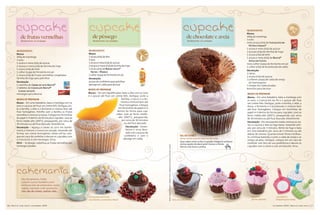 INgRedIeNTeS
                                                                                                                                                                                                                                                                                 Massa
                                                                      de pêssego
                                                                                                                                                                                                                                                                                                                          co                s

            de frutas vermelhas                                                                                                                                                                                                  de chocolate e aveia
                                                                                                                                                                                                                                                                                                                               m fi b r a
                                                                                                                                                                                                                                                                                 200g de manteiga
                                                                                                                                                                                                                                                                                 3 ovos
             Rendimento: 10 unidades                                   Rendimento: 10 unidades                                                                                                                                    Rendimento: 10 unidades
                                                                                                                                                                                                                                                                                 meia xícara (chá) de Chocolate em
                                                                                                                                                                                                                                                                                   Pó dois Frades®
                                                                                                                                                                                                                                                                                 1 xícara e meia (chá) de açúcar
         INgRedIeNTeS                                              INgRedIeNTeS                                                                                                                                                                                                  2 xícaras (chá) de farinha de trigo
         Massa                                                     Massa                                                                                                                                                                                                         1 xícara (chá) de leite
         200g de manteiga                                          1 xícara (chá) de óleo                                                                                                                                                                                        1 xícara e meia (chá) de Nestlé®
         3 ovos                                                    3 ovos                                         se
                                                                                                                       m l eite                                                                                                                                                    Aveia em Flocos
         1 xícara e meia (chá) de açúcar                           1 xícara e meia (chá) de açúcar                                                                                                                                                                               meia colher (sopa) de fermento em pó
         2 xícaras e meia (chá) de farinha de trigo                2 xícaras e meia (chá) de farinha de trigo                                                                                                                                                                    1 colher (chá) de bicarbonato de sódio
         1 xícara (chá) de leite                                   1 xícara (chá) de Bebida Sollys®
                                                                                                                                                                                                                                                                                 decoração
         1 colher (sopa) de fermento em pó                           Frutas – Pêssego
                                                                                                                                                                                                                                                                                 2 claras
         1 xícara (chá) de frutas vermelhas congeladas             1 colher (sopa) de fermento em pó
                                                                                                                                                                                                                                                                                 1 xícara (chá) de açúcar
         farinha de trigo para polvilhar                           decoração                                                                                                                                                                                                     3 colheres (sopa) de calda de cereja
         decoração                                                 açúcar de confeiteiro para polvilhar                                                                                                                                                                            ao marrasquino
         1 caixinha de Creme de Leite Nestlé®                      pêssego em calda para decorar                                                                                                                                                                                 5 cerejas em calda picadas
         2 tabletes de Chocolate Nestlé®                                                                                                                                                                                                                                         biscoitos para decorar
                                                                   Modo dE PrEParar
           Classic ao Leite
         morangos para decorar                                     Massa – Em um liquidificador, bata o óleo com os ovos                                                                                                                                                         Modo dE PrEParar
                                                                   e o açúcar até ficar um creme fofo. Desligue, junte a
                                                                                                                                                                                                                                                                                 Massa – Em uma batedeira, bata a manteiga com
         Modo dE PrEParar                                                                        farinha, o Sollys e o fer-
                                                                                                                                                                                                                                                                                 os ovos, o Chocolate em Pó e o açúcar até ficar
         Massa – Em uma batedeira, bata a manteiga com os                                       mento e misture bem até
                                                                                                                                                                                                                                                                                 um creme fofo. Desligue, junte a farinha, o leite, a
         ovos e o açúcar até ficar um creme fofo. Desligue, jun-                               ficar homogêneo. Coloque
                                                                                                                                                                                                                                                                                 Aveia, o fermento e o bicarbonato e misture bem
         te a farinha, o leite e o fermento e misture bem até                                 em forminhas de papel no 0
                                                                                                                                                                                                                                                                                 até ficar homogêneo. Coloque em forminhas de
         ficar homogêneo. Polvilhe com a farinha as frutas                                   dentro da forma para cup-
                                                                                                                                                                                                                                                                                 papel no 0 dentro da forma para cupcakes. Leve ao
         vermelhas e misture à massa. Coloque em forminhas                                  cakes. Leve ao forno médio-
                                                                                                                                                                                                                                                                                 forno médio-alto (200°C), preaquecido, por cerca
         de papel no 0 dentro da forma para cupcakes. Leve ao                                 alto (200°C), preaquecido,
                                                                                                                                                                                                                                                                                 de 30 minutos ou até ficar dourado. Desenforme.
         forno médio-alto (200°C), preaquecido, por cerca de                                     por cerca de 30 minutos
                                                                                                                                                                                                                                                                                 decoração – Em uma panela média, misture as cla-
         30 minutos ou até ficar dourado. Desenforme.                                               ou até ficar dourado.
                                                                                                                                                                                                                                                                                 ras e o açúcar e leve ao fogo baixo, mexendo sem-
         decoração – Aqueça o Creme de Leite em banho-                                               decoração – Desen-
                                                                                                                                                                                                                                                                                 pre, por cerca de 3 minutos. Retire do fogo e bata
         maria e misture o Chocolate picado, mexendo até                                             forme e sirva deco-
                                                                                                                                                                                                                                                                                 em uma batedeira por cerca de 5 minutos ou até
         formar um creme homogêneo. Deixe esfriar, colo-                                             rado com o açúcar de
                                                                                                                                                                                                                                                                                 dobrar de volume. Quando estiver firme e brilhan-
         que em saco de confeitar e decore os cupcakes com                                          confeiteiro e com o                                                                                                   NA INTERNET                                            te, continue batendo e junte a calda de cereja e as
         o Chocolate e com morangos. Sirva.                                                        pêssego em calda.                                                                                                      www.nestle.com.br/site/revista.aspx
                                                                                                                                                                                                                                                                                 cerejas picadas. Desligue, coloque em um saco de
                                                                                                                                                                                                                          Quer saber como se faz o cupcake integral e conhecer
         dICa – Se desejar, substitua as frutas vermelhas por                                                                                                                                                             outras opções de decoração? Acesse o site da           confeitar com bico de sua preferência e decore os
         morangos picados.                                                                                                                                                                                                                                                       cupcakes com o creme e com um biscoito. Sirva.




                                                                                                                                  Fotos: Sheila Oliveira • Objetos: Ketty Marques (cupcakes de feltro e tricô).
                                                                                                                                                                                                                          Nestlé com Você e confira.




             Eles são gostosos, lindos
             e fazem sucesso também como
             lembrancinha de aniversário, mater­
             nidade, batizado e até casamento.
             Uns são de comer, outros não...

                                                                   Com pasta americana:                                                                                                                                                                     de tricô                 de feltro              e de plástico
                                                                   nascimento, casamento e Natal                                                                                                                  Feito de toalha enrolada,                 e de crochê,             (porta-alfinete)       (etiqueta para mala)

16   Nestlé com você   setembro 2009                                                                                                                                                                                                                                                                     setembro 2009
                                                                                                                                                                                                                                                                                                            març           Nestlé com você      17
 