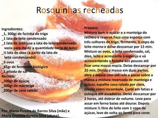 Rosquinhas recheadas
Ingredientes:                                     Preparo:
_1, 300gr de farinha de trigo                     Misture bem o açúcar e a manteiga do
_1 lata de leite condensado                       recheio e reserve.Faça uma esponja com
_1 lata de leite(use a lata do leite condensado   três colheres de trigo, fermento, ½ copo de
  vazia para medir a quantidade certa de leite)   leite morno e deixe descansar por 15 min.
_½ lata de óleo (a partir da lata de              Misture os ovos, o leite condensado, sal,
  leite condensando)                              óleo, leite e acrescente á esponja e vá
_3 ovos                                           acrescentando a farinha aos poucos até
_45gr de fermento biológico                       ficar uma massa macia. Deixe descansar por
_1 pitada de sal                                  20 min. Divida a massa em duas partes,
Recheio:                                          abra a massa com um rolo e passe sobre a
_200gr de açúcar                                  massa a mistura reservada de manteiga e
_300gr de manteiga                                açúcar, espalhe coco ralado por cima,
_200gr de coco ralado                             enrole como rocambole. Corte em fatias e
                                                  coloque em assadeiras. Deixe descansar por
                                                  2 horas, até dobrar de volume. Leve para
                                                  assar em forno baixo até dourar. Depois
                                                  misture ½ litro de leite com 1 copo de
Por: Maria Pereira de Barros Silva (mãe) e        açúcar, leve de volta ao forno para corar.
                                                                                         10
Maria Graziela Pereira Silva (aluna).
 