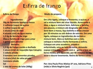 Esfirra de frango
Esfirra de frango                           Modo de preparo:

        Ingredientes:                       Em uma tigela, coloque o fermento, o açúcar, o
30g de fermento biológico fresco            sal e misture bem até virar líquido. Acrescente o
2 colheres (sopa) de açúcar                 óleo, a água e misture bem. Adicione a farinha,
1 colher (sopa) de sal                      aos poucos, e misture até desgrudar das mãos.
1 xícara (chá) de óleo                      Sove bem a massa, faça bolinha e deixe crescer
4 xícaras (chá) de água morna               por 20 minutos ou até dobrar de volume. Em uma
1,5 Kg de farinha de trigo                  tigela, coloque os ingredientes do recheio e
Óleo e farinha de trigo para untar          misture bem. Abra as bolinhas com o rolo,
1 gema para pincelar                        coloque o recheio e feche formando a esfirra.
         Recheio:                           Coloque em uma assadeira, untada e
1,5 Kg de frango cozido e desfiado          enfarinhada, uma ao lado da outra, deixando
1 xícara (chá) de requeijão tipo Catupiry   espaço entre elas. Pincele com a gema e leve ao
1 cebola picada                             forno médio, pré aquecido, por 40 minutos ou até
3 tomates sem sementes picados              assar e dourar levemente. Retire do forno e sirva.
½ xícara (chá) de salsa picada
1cenoura ralada
Sal                                         Por: Ana Paula Pires Matias 6º ano, Adriana Pires
1 lata de creme de leite (300g)             (mãe) e Silvio Rogério (pai)                      4
 