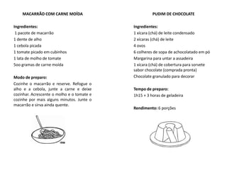 MACARRÃO COM CARNE MOÍDA
Ingredientes:
1 pacote de macarrão
1 dente de alho
1 cebola picada
1 tomate picado em cubinhos
1 lata de molho de tomate
5oo gramas de carne moída
Modo de preparo:
Cozinhe o macarrão e reserve. Refogue o
alho e a cebola, junte a carne e deixe
cozinhar. Acrescente o molho e o tomate e
cozinhe por mais alguns minutos. Junte o
macarrão e sirva ainda quente.
PUDIM DE CHOCOLATE
Ingredientes:
1 xícara (chá) de leite condensado
2 xícaras (chá) de leite
4 ovos
6 colheres de sopa de achocolatado em pó
Margarina para untar a assadeira
1 xícara (chá) de cobertura para sorvete
sabor chocolate (comprada pronta)
Chocolate granulado para decorar
Tempo de preparo:
1h15 + 3 horas de geladeira
Rendimento: 6 porções
 