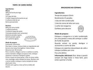 TORTA DE CARNE MOÍDA
Ingredientes:
Massa
500 g de farinha de trigo
3 ovos
1/2 copo de leite
1 colher (sopa) de fermento em pó
2 colheres (chá) de sal
Gema para pincelar
Recheio:
600 g de carne moída
1 cebola picadinha
3 colheres (sopa) de azeite
3 tomates picados (sem sementes)
Azeitonas picadas a gosto
Salsinha picada a gosto
Sal e pimenta agosto
Modo de preparo
Cozimento: 35minutos
Para fazer a massa, misture todos os ingredientes até
formar uma massa homogênea. Cubra e deixe
descansar por 30 minutos.
Para o recheio, refogue a carne e a cebola no azeite.
Junte o tomate e refogue um pouco mais. Coloque
azeitonas e salsinha e tempere a gosto.
Corte a massa em duas partes. Unte um pirex médio
com manteiga e abra metade da massa. Recheie com
a carne moída e coloque a outra metade da massa
aberta por cima.
Pincele com a gema e leve ao forno médio até
dourar.
BRIGADEIRO NO COPINHO
Ingredientes:
Tempo de preparo:15min
Rendimento:15 porções
1 lata de leite condensado
1 lata de creme de leite sem soro
1 colher de margarina
Confetes para decorar
Modo de preparo:
Coloque a margarina e o leite condensado
em uma panela e mexa até começar a soltar
do fundo da panela
Quando estiver no ponto, desligue e
acrescente o creme de leite
Coloque em copinhos descartáveis de café e
coloque confetes por cima
Fica uma delícia
Informações Adicionais Dica: deixe a panela
sempre em fogo baixo e mexa bem, para
evitar queimar o fundo.
 