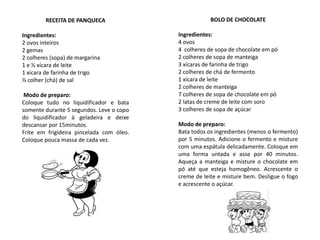 RECEITA DE PANQUECA
Ingredientes:
2 ovos inteiros
2 gemas
2 colheres (sopa) de margarina
1 e ½ xícara de leite
1 xícara de farinha de trigo
½ colher (chá) de sal
Modo de preparo:
Coloque tudo no liquidificador e bata
somente durante 5 segundos. Leve o copo
do liquidificador à geladeira e deixe
descansar por 15minutos.
Frite em frigideira pincelada com óleo.
Coloque pouca massa de cada vez.
BOLO DE CHOCOLATE
Ingredientes:
4 ovos
4 colheres de sopa de chocolate em pó
2 colheres de sopa de manteiga
3 xícaras de farinha de trigo
2 colheres de chá de fermento
1 xícara de leite
2 colheres de manteiga
7 colheres de sopa de chocolate em pó
2 latas de creme de leite com soro
3 colheres de sopa de açúcar
Modo de preparo:
Bata todos os ingredientes (menos o fermento)
por 5 minutos. Adicione o fermento e misture
com uma espátula delicadamente. Coloque em
uma forma untada e asse por 40 minutos.
Aqueça a manteiga e misture o chocolate em
pó até que esteja homogêneo. Acrescente o
creme de leite e misture bem. Desligue o fogo
e acrescente o açúcar.
 