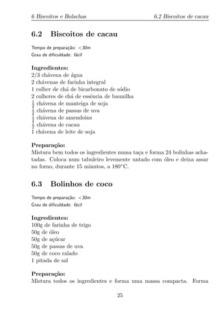 6 Biscoitos e Bolachas                         6.2 Biscoitos de cacau


6.2      Biscoitos de cacau
Tempo de prepara¸ao: <30m
                c˜
Grau de diﬁculdade: f´cil
                     a

Ingredientes:
2/3 ch´vena de agua
      a         ´
2 ch´venas de farinha integral
    a
1 colher de ch´ de bicarbonato de s´dio
              a                    o
2 colheres de ch´ de essˆncia de baunilha
                a       e
1
2 ch´vena de manteiga de soja
    a
1
2 ch´vena de passas de uva
    a
1
2 ch´vena de amendoins
    a
1
2 ch´vena de cacau
    a
1 ch´vena de leite de soja
    a

Prepara¸ao:
         c˜
Mistura bem todos os ingredientes numa ta¸a e forma 24 bolinhas acha-
                                         c
tadas. Coloca num tabuleiro levemente untado com oleo e deixa assar
                                                   ´
no forno, durante 15 minutos, a 180◦ C.


6.3      Bolinhos de coco
Tempo de prepara¸ao: <30m
                c˜
Grau de diﬁculdade: f´cil
                     a

Ingredientes:
100g de farinha de trigo
50g de oleo
       ´
50g de a¸ucar
        c´
50g de passas de uva
50g de coco ralado
1 pitada de sal

Prepara¸ao:
        c˜
Mistura todos os ingredientes e forma uma massa compacta. Forma

                                  25
 