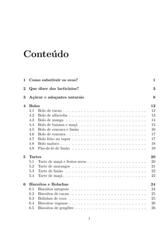 Conte´do
     u

1 Como substituir os ovos?                                                                                                          1

2 Que dizer dos lactic´
                      ınios?                                                                                                        3

3 A¸ucar e ado¸antes naturais
   c´         c                                                                                                                     8

4 Bolos                                                                                                                             12
  4.1 Bolo de cacau . . . . . .         .   .   .       .   .   .   .   .   .   .   .   .   .   .   .   .   .   .   .   .   .   .   12
  4.2 Bolo de alfarroba . . . .         .   .   .       .   .   .   .   .   .   .   .   .   .   .   .   .   .   .   .   .   .   .   13
  4.3 Bolo de manga . . . . .           .   .   .       .   .   .   .   .   .   .   .   .   .   .   .   .   .   .   .   .   .   .   14
  4.4 Bolo de banana e ma¸ac˜           .   .   .       .   .   .   .   .   .   .   .   .   .   .   .   .   .   .   .   .   .   .   15
  4.5 Bolo de cenoura e lim˜o
                            a           .   .   .       .   .   .   .   .   .   .   .   .   .   .   .   .   .   .   .   .   .   .   16
  4.6 Bolo de cenoura . . . . .         .   .   .       .   .   .   .   .   .   .   .   .   .   .   .   .   .   .   .   .   .   .   17
  4.7 Bolo feito no vapor . . .         .   .   .       .   .   .   .   .   .   .   .   .   .   .   .   .   .   .   .   .   .   .   17
  4.8 Bolo maluco . . . . . . .         .   .   .       .   .   .   .   .   .   .   .   .   .   .   .   .   .   .   .   .   .   .   18
  4.9 P˜o-de-l´ de lim˜o . . .
        a      o      a                 .   .   .       .   .   .   .   .   .   .   .   .   .   .   .   .   .   .   .   .   .   .   19

5 Tartes                                                                                                                            20
  5.1 Tarte   de   ma¸a e frutos
                      c˜            secos       .       .   .   .   .   .   .   .   .   .   .   .   .   .   .   .   .   .   .   .   20
  5.2 Tarte   de   morangos . .     . . .       .       .   .   .   .   .   .   .   .   .   .   .   .   .   .   .   .   .   .   .   21
  5.3 Tarte   de   lim˜o . . . .
                      a             . . .       .       .   .   .   .   .   .   .   .   .   .   .   .   .   .   .   .   .   .   .   22
  5.4 Tarte   de   ma¸a . . . . .
                      c˜            . . .       .       .   .   .   .   .   .   .   .   .   .   .   .   .   .   .   .   .   .   .   22

6 Biscoitos e Bolachas                                                                                                              24
  6.1 Biscoitos integrais .     .   .   .   .   .       .   .   .   .   .   .   .   .   .   .   .   .   .   .   .   .   .   .   .   24
  6.2 Biscoitos de cacau .      .   .   .   .   .       .   .   .   .   .   .   .   .   .   .   .   .   .   .   .   .   .   .   .   25
  6.3 Bolinhos de coco . .      .   .   .   .   .       .   .   .   .   .   .   .   .   .   .   .   .   .   .   .   .   .   .   .   25
  6.4 Biscoitos veganos . .     .   .   .   .   .       .   .   .   .   .   .   .   .   .   .   .   .   .   .   .   .   .   .   .   26
  6.5 Biscoitos de gengibre     .   .   .   .   .       .   .   .   .   .   .   .   .   .   .   .   .   .   .   .   .   .   .   .   26

                                                    i
 