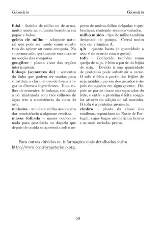 Gloss´rio
     a                                                                   Gloss´rio
                                                                              a


fub´ – farinha de milho ou de arroz,
    a                                      pecto de muitas folhas delgadas e que-
muito usada na culin´ria brasileira em
                      a                    bradi¸as, contendo recheios variados.
                                                  c
papas e bolos.                             milho mi´ do – tipo de milho tamb´m
                                                         u                        e
geleia de milho – ado¸ante natu-
                            c              designado de pain¸o. Cereal muito
                                                                 c
ral que pode ser usado como substi-        rico em vitamina A.
tuto do a¸ucar ou como compota. No
          c´                               q.b – quanto basta (a quantidade a
supermercado, geralmente encontra-se       usar ´ de acordo com o gosto).
                                                 e
na sec¸ao das compotas.
       c˜                                  tofu – Conhecido tamb´m como  e
gengibre – planta vivaz das regi˜es o      queijo de soja, ´ feito a partir do feij˜o
                                                            e                      a
intertropicais.                            de soja. Devido a sua quantidade
                                                                  `
linha¸a (sementes de) – sementes
      c                                    de prote´  ınas pode substituir a carne.
do linho que podem ser usadas para         O tofu ´ feito a partir dos feij˜es de
                                                    e                         o
substituir a clara de ovo de forma a li-   soja mo´ ıdos, que s˜o descascados e de-
                                                                a
gar os diversos ingredientes. Uma co-      pois esmagados em agua quente. De-
                                                                   ´
lher de sementes de linha¸a, reduzidas
                           c               pois as partes duras s˜o separadas do
                                                                     a
a p´, misturada com trˆs colheres de
    o                    e                 leite, e ent˜o a prote´ ´ feita coagu-
                                                         a         ına e
agua tem a consistˆncia da clara do
´                    e                     lar atrav´s da adi¸ao de sal marinho.
                                                       e        c˜
ovo.                                       O tofu ´ a prote´ prensada.
                                                    e         ına
maisena – amido de milho usado para        zimbro – planta da classe das
dar consistˆncia a algumas receitas.
            e                              con´ıferas, espontˆnea no Norte de Por-
                                                              a
massa folhada – massa confeccio-           tugal, cujas bagas aromatizam licores
nada para pastelaria ou do¸aria que
                              c            e os mais variados pratos.
depois de cozida se apresenta sob o as-


   Para outras d´ vidas ou informa¸oes mais detalhadas visita
                u                 c˜
http://www.centrovegetariano.org.




                                       50
 