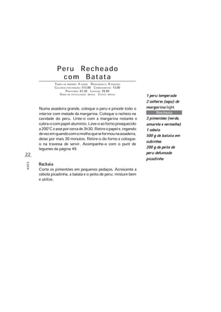 22
AVES
Peru Recheado
com Batata
TEMPO DE PREPARO: 4 HORAS RENDIMENTO: 8 PORÇÕES
CALORIAS POR PORÇÃO: 512,60 CARBOIDRATOS: 13,00
PROTEÍNAS: 61,50 LIPÍDIOS: 29,40
GRAU DE DIFICULDADE: MÉDIO CUSTO: MÉDIO
Numa assadeira grande, coloque o peru e pincele todo o
interior com metade da margarina. Coloque o recheio na
cavidade do peru. Unte-o com a margarina restante e
cubra-ocompapel-alumínio.Leve-oaofornopreaquecido
a200°Ceasseporcercade3h30.Retireopapele,regando
devezemquandocomomolhoqueseformounaassadeira,
deixe por mais 30 minutos. Retire-o do forno e coloque-
o na travessa de servir. Acompanhe-o com o purê de
legumes da página 49.
Corte os pimentões em pequenos pedaços. Acrescente a
cebola picadinha, a batata e o peito de peru; misture bem
e utilize.
1 peru temperado
2 colheres (sopa) de
margarina light
Recheio
3 pimentões (verde,
amarelo e vermelho)
1 cebola
500 g de batata em
cubinhos
200 g de peito de
peru defumado
picadinho
 