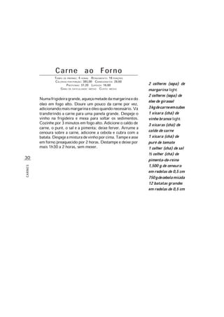 30
CARNES
Carne ao Forno
TEMPO DE PREPARO: 4 HORAS RENDIMENTO: 18 PORÇÕES
CALORIAS POR PORÇÃO: 385,00 CARBOIDRATOS: 28,60
PROTEÍNAS: 37,20 LIPÍDIOS: 16,60
GRAU DE DIFICULDADE: MÉDIO CUSTO: MÉDIO
Numafrigideiragrande,aqueçametadedamargarinaedo
óleo em fogo alto. Doure um pouco da carne por vez,
adicionandomaismargarinaeóleoquandonecessário.Vá
transferindo a carne para uma panela grande. Despeje o
vinho na frigideira e mexa para soltar os sedimentos.
Cozinhe por 3 minutos em fogo alto. Adicione o caldo de
carne, o purê, o sal e a pimenta; deixe ferver. Arrume a
cenoura sobre a carne, adicione a cebola e cubra com a
batata.Despejeamisturadevinhoporcima.Tampeeasse
em forno preaquecido por 2 horas. Destampe e deixe por
mais 1h30 a 2 horas, sem mexer.
2 colheres (sopa) de
margarina light
2 colheres (sopa) de
óleo de girassol
3kgdecarneemcubos
1 xícara (chá) de
vinho branco light
3 xícaras (chá) de
caldo de carne
1 xícara (chá) de
purê de tomate
1 colher (chá) de sal
½ colher (chá) de
pimenta-do-reino
1,500 g de cenoura
em rodelas de 0,5 cm
750gdecebolamiúda
12 batatas grandes
em rodelas de 0,5 cm
 