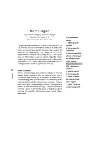 32
CARNES
Hamburgão
TEMPO DE PREPARO: 30 MINUTOS RENDIMENTO: 5 PORÇÕES
CALORIAS POR PORÇÃO: 206,40 CARBOIDRATOS: 11,60
PROTEÍNAS: 23,50 LIPÍDIOS: 7,30
GRAU DE DIFICULDADE: MÉDIO CUSTO: MÉDIO
Tempereacarnecomacebola,oalho,ocheiro-verde,osal
e a pimenta. Divida a carne em 5 partes e de cada uma
formeumhambúrguergrande.Coloque-osumaoladodo
outro em um pirex untado com margarina, cubra com
papel-alumínio e leve ao forno preaquecido a 180ºC para
assarpor10minutos,ouatéqueestejamnoponto.Retire
opapel-alumínioedeixenofornopormais5a10minutos
para dourar.Cubracomomolhodetomate,polvilhecom
o orégano e leve ao forno por mais 5 minutos.
Corteotomateempequenospedaçosecoloque-oemuma
panela. Junte a cebola, o alho e o louro, misture bem e
cozinhe em fogo brando por 20 minutos; se necessário vá
adicionandoáguaaospoucosduranteocozimento.Quando
o tomate estiver cozido, retire o louro, coloque a mistura
noliquidificadorebataporalgunsminutos.Passeporuma
peneira e leve novamente ao fogo. Tempere com sal e
pimenta e junte o manjericão. Leve ao fogo baixo para
cozinhar por mais 15 a 20 minutos, ou até reduzir e ficar
encorpado.
500 g de carne
moída
1 cebola grande
ralada
2 dentes de alho
amassados
2 colheres (sopa) de
cheiro-verde picado
sal e pimenta-do-
reino a gosto
Molho de tomate
500 g de tomate
maduro
2 cebolas médias
5 dentes de alho
2 folhas de louro
sal e pimenta-do-
reino a gosto
1 colher (sopa) de
manjericão picado
 