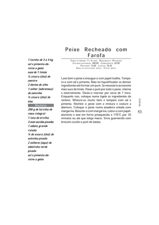 43
PEIXES
Peixe Recheado com
Farofa
TEMPO DE PREPARO: 1 E ½ HORA RENDIMENTO: 10 PORÇÕES
CALORIAS POR PORÇÃO: 300,90 CARBOIDRATOS: 20,00
PROTEÍNAS: 13,60 LIPÍDIOS: 18,20
GRAU DE DIFICULDADE: MÉDIO CUSTO: MÉDIO
Lave bem o peixe e enxugue-o com papel-toalha. Tempe-
re-o com sal e pimenta. Bata no liquidificador os demais
ingredientesatéformarumpurê.Senecessárioacrescente
maissucodelimão.Passeopurêportodoopeixe,interna
e externamente. Deixe-o marinar por cerca de 1 hora.
Enquanto isso, coloque numa tigela os ingredientes do
recheio. Misture-os muito bem e tempere com sal e
pimenta. Recheie o peixe com a mistura e costure a
abertura. Coloque o peixe numa assadeira untada com
margarina.Besunte-ocommargarina,cubra-ocompapel-
alumínio e asse em forno preaquecido a 170°C por 35
minutos ou até que esteja macio. Sirva guarnecido com
brócolis cozido e purê de batata.
1 tainha de 3 a 4 kg
sal e pimenta-do-
reino a gosto
suco de 1 limão
½ xícara (chá) de
coentro
2 dentes de alho
1 colher (sobremesa)
de cominho
½ xícara (chá) de
óleo
Recheio
200 g de farinha de
rosca integral
1 lata de ervilha
3 ovos cozidos picados
1 cebola grande
ralada
¼ de xícara (chá) de
salsinha picada
2 colheres (sopa) de
cebolinha verde
picada
sal e pimenta-do-
reino a gosto
 