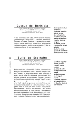50
LEGUMES&VERDURAS
2 colheres (sopa) de
óleo de girassol
1 cebola média
ralada
2 dentes de alho
500 g de espinafre
limpo
sal e pimenta-do-
reino a gosto
4 ovos
2 colheres (sopa) de
creme de leite light
1/8 de colher (chá) de
noz-moscada
Cuscuz de Berinjela
TEMPO DE PREPARO: 30 MINUTOS RENDIMENTO: 6 PORÇÕES
CALORIAS POR PORÇÃO: 240,98 CARBOIDRATOS: 41,01
PROTEÍNAS: 4,81 LIPÍDIOS: 6,11
GRAU DE DIFICULDADE: MÉDIO CUSTO: MÉDIO
Corte as berinjelas em cubos. Doure a cebola no óleo,
junte a berinjela e refogue por 5 a 6 minutos. Adicione os
temperos, o tomate, a azeitona e 1 xícara (chá) de água;
misture bem e cozinhe por 10 minutos. Acrescente as
farinhas, mexa bem, despeje em uma assadeira e alise de
maneira uniforme. Sirva-a quente ou fria.
5 berinjelas médias
com casca
2 colheres (sopa) de
óleo de canola
2 cebolas picadas
½ xícara (chá) de
cheiro-verde picado
1 colher (chá) de
orégano
5 tomates picados
15 azeitonas verdes
picadas
2 xícaras (chá)
(cada) de farinha de
mandioca e de milho
Suflê de Espinafre
TEMPO DE PREPARO: 30 MINUTOS RENDIMENTO: 4 PORÇÕES
CALORIAS POR PORÇÃO: 194,40 CARBOIDRATOS: 5,20
PROTEÍNAS: 9,90 LIPÍDIOS: 17,20
GRAU DE DIFICULDADE: MÉDIO CUSTO: MÉDIO
Coloque em uma panela o óleo, a cebola, o alho e leve ao
fogoparadouraracebola;junteoespinafre,temperecom
sal e pimenta e refogue na própria água. Escorra-o e
espere esfriar. Aperte o espinafre com as mãos para
eliminar o máximo de água possível. Coloque o espinafre
noliquidificadorebataatéobterumpurê.Transfiraopurê
p a r a
uma tigela e junte as gemas, o creme de leite, a noz-
moscada e tempere com sal e pimenta; misture bem. À
parte, bata as claras em neve firme e incorpore-as
delicadamente à mistura de espinafre. Unte quatro
forminhas individuais de suflê, distribua a mistura entre
elas e leve para assar em forno pre-aquecido a 220ºC por
7 minutos. Reduza a temperatura para 200ºC e asse por
mais 5 minutos. Retire do forno e sirva imediatamente.
 