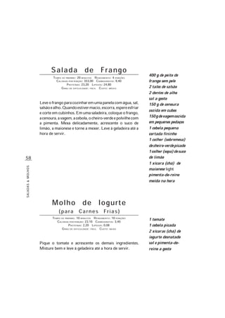 SALADAS&MOLHOS
58
Salada de Frango
TEMPO DE PREPARO: 20 MINUTOS RENDIMENTO: 4 PORÇÕES
CALORIAS POR PORÇÃO: 353,00 CARBOIDRATOS: 9,40
PROTEÍNAS: 23,20 LIPÍDIOS: 24,80
GRAU DE DIFICULDADE: FÁCIL CUSTO: MÉDIO
Leveofrangoparacozinharemumapanelacomágua,sal,
salsãoealho.Quandoestivermacio,escorra,espereesfriar
e corte em cubinhos.Emumasaladeira,coloqueofrango,
acenoura,avagem,acebola,ocheiro-verdeepolvilhecom
a pimenta. Mexa delicadamente, acrescente o suco de
limão, a maionese e torne a mexer. Leve à geladeira até a
hora de servir.
400 g de peito de
frango sem pele
2 talos de salsão
2 dentes de alho
sal a gosto
150 g de cenoura
cozida em cubos
150gdevagemcozida
em pequenos pedaços
1 cebola pequena
cortada fininho
1 colher (sobremesa)
decheiro-verdepicado
1colher(sopa)desuco
de limão
1 xícara (chá) de
maionese light
pimenta-do-reino
moída na hora
Molho de Iogurte
(para Carnes Frias)
TEMPO DE PREPARO: 10 MINUTOS RENDIMENTO: 10 PORÇÕES
CALORIAS POR PORÇÃO: 23,10 CARBOIDRATOS: 3,40
PROTEÍNAS: 2,20 LIPÍDIOS: 0,08
GRAU DE DIFICULDADE: FÁCIL CUSTO: BAIXO
Pique o tomate e acrescente os demais ingredientes.
Misture bem e leve à geladeira até a hora de servir.
1 tomate
1 cebola picada
2 xícaras (chá) de
iogurte desnatado
sal e pimenta-do-
reino a gosto
 