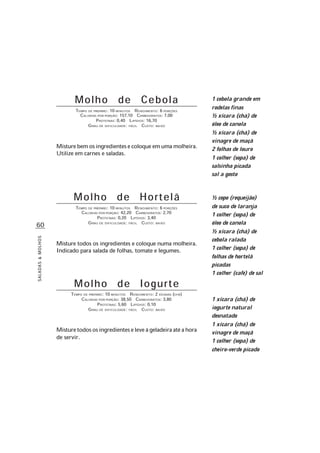 SALADAS&MOLHOS
60
Molho de Cebola
TEMPO DE PREPARO: 10 MINUTOS RENDIMENTO: 6 PORÇÕES
CALORIAS POR PORÇÃO: 157,10 CARBOIDRATOS: 7,00
PROTEÍNAS: 0,40 LIPÍDIOS: 16,70
GRAU DE DIFICULDADE: FÁCIL CUSTO: BAIXO
Misturebemosingredientesecoloqueemumamolheira.
Utilize em carnes e saladas.
1 cebola grande em
rodelas finas
½ xícara (chá) de
óleo de canola
½ xícara (chá) de
vinagre de maçã
2 folhas de louro
1 colher (sopa) de
salsinha picada
sal a gosto
Molho de Hortelã
TEMPO DE PREPARO: 10 MINUTOS RENDIMENTO: 6 PORÇÕES
CALORIAS POR PORÇÃO: 42,20 CARBOIDRATOS: 2,70
PROTEÍNAS: 0,20 LIPÍDIOS: 3,40
GRAU DE DIFICULDADE: FÁCIL CUSTO: BAIXO
Misture todos os ingredientes e coloque numa molheira.
Indicado para salada de folhas, tomate e legumes.
Molho de Iogurte
TEMPO DE PREPARO: 10 MINUTOS RENDIMENTO: 2 XÍCARAS (CHÁ)
CALORIAS POR PORÇÃO: 38,50 CARBOIDRATOS: 3,80
PROTEÍNAS: 5,60 LIPÍDIOS: 0,10
GRAU DE DIFICULDADE: FÁCIL CUSTO: BAIXO
Misturetodososingredienteseleveàgeladeiraatéahora
de servir.
½ copo (requeijão)
de suco de laranja
1 colher (sopa) de
óleo de canola
½ xícara (chá) de
cebola ralada
1 colher (sopa) de
folhas de hortelã
picadas
1 colher (café) de sal
1 xícara (chá) de
iogurte natural
desnatado
1 xícara (chá) de
vinagre de maçã
1 colher (sopa) de
cheiro-verde picado
 