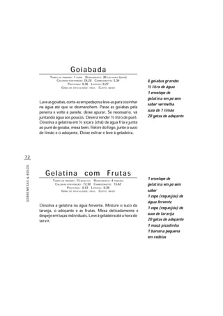 72
SOBREMESAS&BOLOS
Goiabada
TEMPO DE PREPARO: 1 HORA RENDIMENTO: 30 COLHERES (SOPA)
CALORIAS POR PORÇÃO: 24,28 CARBOIDRATOS: 5,34
PROTEÍNAS: 0,36 LIPÍDIOS: 0,27
GRAU DE DIFICULDADE: FÁCIL CUSTO: BAIXO
Laveasgoiabas,corte-asempedaçoseleve-asparacozinhar
na água até que se desmanchem. Passe as goiabas pela
peneira e volte à panela; deixe apurar. Se necessário, vá
juntandoáguaaospoucos.Deverárender½litrodepurê.
Dissolva a gelatina em ½ xícara (chá) de água fria e junte
aopurêdegoiaba;mexabem.Retiredofogo,junteosuco
de limão e o adoçante. Deixe esfriar e leve à geladeira.
Gelatina com Frutas
TEMPO DE PREPARO: 15 MINUTOS RENDIMENTO: 4 PORÇÕES
CALORIAS POR PORÇÃO: 72,50 CARBOIDRATOS: 15,62
PROTEÍNAS: 0,53 LIPÍDIOS: 0,38
GRAU DE DIFICULDADE: FÁCIL CUSTO: BAIXO
Dissolva a gelatina na água fervente. Misture o suco de
laranja, o adoçante e as frutas. Mexa delicadamente e
despejeemtaçasindividuais.Leveàgeladeiraatéahorade
servir.
1 envelope de
gelatina em pó sem
sabor
1 copo (requeijão) de
água fervente
1 copo (requeijão) de
suco de laranja
20 gotas de adoçante
1 maçã picadinha
1 banana pequena
em rodelas
6 goiabas grandes
½ litro de água
1 envelope de
gelatina em pó sem
sabor vermelha
suco de 1 limão
20 gotas de adoçante
 