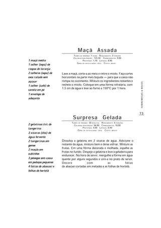73
SOBREMESAS&BOLOS
Maçã Assada
TEMPO DE PREPARO: 1 HORA RENDIMENTO: 2 PORÇÕES
CALORIAS POR PORÇÃO: 125,30 CARBOIDRATOS: 9,60
PROTEÍNAS: 1,70 LIPÍDIOS: 8,90
GRAU DE DIFICULDADE: FÁCIL CUSTO: BAIXO
Lave a maçã, corte-a ao meio e retire o miolo. Faça cortes
horizontais na parte mais bojuda — para que a casca não
rompa no cozimento. Misture os ingredientes restantes e
recheie o miolo. Coloque em uma fôrma refratária, com
1,5 cm de água e leve ao forno a 150ºC por 1 hora.
Surpresa Gelada
TEMPO DE PREPARO: 30 MINUTOS RENDIMENTO: 6 PORÇÕES
CALORIAS POR PORÇÃO: 94,80 CARBOIDRATOS: 18,80
PROTEÍNAS: 4,00 LIPÍDIOS: 0,40
GRAU DE DIFICULDADE: FÁCIL CUSTO: MÉDIO
Dissolva a gelatina em 2 xícaras de água. Adicione o
restante da água, misture bem e deixe esfriar. Misture as
frutas. Em uma fôrma decorada e molhada, espalhe as
frutas no fundo. Despeje a gelatina e leve à geladeira para
endurecer. Na hora de servir, mergulhe a fôrma em água
quente por alguns segundos e vire-a no prato de servir.
Decore com as fatias
de abacaxi cortadas em metades e as folhas de hortelã.
1 maçã média
1 colher (sopa) de
raspas de laranja
2 colheres (sopa) de
coco ralado sem
açúcar
1 colher (café) de
canela em pó
1 envelope de
adoçante
2 gelatinas diet de
tangerina
3 xícaras (chá) de
água fervente
2 tangerinas em
gomos
2 maçãs em
cubinhos
3 pêssegos sem casca
em pedaços pequenos
4 fatias de abacaxi e
folhas de hortelã
 