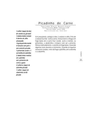 Picadinho de Carne
                                  TEMPO DE PREPARO : 35 MINUTOS R ENDIMENTO: 6 PORÇÕES
                                    CALORIAS POR PORÇÃO: 299,30 CARBOIDRATOS: 6,70
                                            P ROTEÍNAS: 35,50 LIPÍDIOS: 14,50
1 colher (sopa) de óleo                G RAU DE DIFICULDADE: FÁCIL CUSTO: MÉDIO

de canola ou girassol
1 cebola média ralada     Em uma panela, coloque o óleo, a cebola e o alho; frite até
4 dentes de alho          a cebola murchar. Junte a carne, misture bem e refogue em
amassados                 fogo baixo até a carne ficar cozida. Junte o tomate, os
1 kg de patinho moído     pimentões, a abobrinha e tempere com sal e pimenta.
4 tomates sem pele e      Misture delicadamente e cozinhe em fogo baixo, mexendo
                          algumas vezes durante o cozimento. Quando os legumes
sem semente picados
                          estiverem cozidos, retire do fogo e polvilhe com a salsinha
1 pimentão verde e 1
                          e a cebolinha.




                                                                                         CARNES
vermelho em cubinhos
2 abobrinhas médias
em cubinhos
sal e pimenta-do-                                                                        31
reino a gosto
2 colheres (sopa) de
salsinha picada
1 colher (sopa) de
cebolinha verde
picada
 