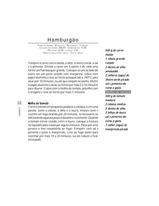 Hamburgão
                 TEMPO DE PREPARO : 30 MINUTOS R ENDIMENTO: 5 PORÇÕES
                  CALORIAS POR PORÇÃO: 206,40 CARBOIDRATOS: 11,60
                           P ROTEÍNAS: 23,50 LIPÍDIOS: 7,30             500 g de carne
                      G RAU DE DIFICULDADE: MÉDIO CUSTO: MÉDIO
                                                                        moída
                                                                        1 cebola grande
         Tempere a carne com a cebola, o alho, o cheiro-verde, o sal    ralada
         e a pimenta. Divida a carne em 5 partes e de cada uma          2 dentes de alho
         forme um hambúrguer grande. Coloque-os um ao lado do           amassados
         outro em um pirex untado com margarina, cubra com              2 colheres (sopa) de
         papel-alumínio e leve ao forno preaquecido a 180ºC para
                                                                        cheiro-verde picado
         assar por 10 minutos, ou até que estejam no ponto. Retire
         o papel-alumínio e deixe no forno por mais 5 a 10 minutos      sal e pimenta-do-
         para dourar. Cubra com o molho de tomate, polvilhe com         reino a gosto
         o orégano e leve ao forno por mais 5 minutos.                   Molho de tomate
                                                                        500 g de tomate
                                                                        maduro
32
                                                                        2 cebolas médias
         Corte o tomate em pequenos pedaços e coloque-o em uma
                                                                        5 dentes de alho
CARNES




         panela. Junte a cebola, o alho e o louro, misture bem e
                                                                        2 folhas de louro
         cozinhe em fogo brando por 20 minutos; se necessário vá
         adicionando água aos poucos durante o cozimento. Quando        sal e pimenta-do-
         o tomate estiver cozido, retire o louro, coloque a mistura     reino a gosto
         no liquidificador e bata por alguns minutos. Passe por uma     1 colher (sopa) de
         peneira e leve novamente ao fogo. Tempere com sal e            manjericão picado
         pimenta e junte o manjericão. Leve ao fogo baixo para
         cozinhar por mais 15 a 20 minutos, ou até reduzir e ficar
         encorpado.
 