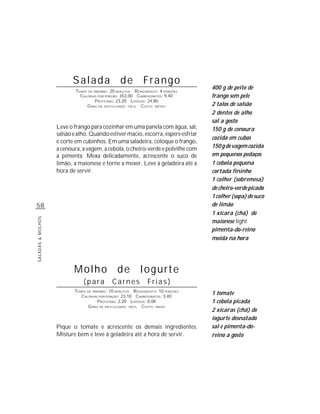 Salada de Frango
                                                                                  400 g de peito de
                           TEMPO DE PREPARO : 20 MINUTOS R ENDIMENTO: 4 PORÇÕES
                             CALORIAS POR PORÇÃO: 353,00 CARBOIDRATOS: 9,40       frango sem pele
                                     P ROTEÍNAS: 23,20 LIPÍDIOS: 24,80
                                G RAU DE DIFICULDADE: FÁCIL CUSTO: MÉDIO          2 talos de salsão
                                                                                  2 dentes de alho
                                                                                  sal a gosto
                   Leve o frango para cozinhar em uma panela com água, sal,       150 g de cenoura
                   salsão e alho. Quando estiver macio, escorra, espere esfriar
                                                                                  cozida em cubos
                   e corte em cubinhos. Em uma saladeira, coloque o frango,
                   a cenoura, a vagem, a cebola, o cheiro-verde e polvilhe com    150 g de vagem cozida
                   a pimenta. Mexa delicadamente, acrescente o suco de            em pequenos pedaços
                   limão, a maionese e torne a mexer. Leve à geladeira até a      1 cebola pequena
                   hora de servir.                                                cortada fininho
                                                                                  1 colher (sobremesa)
                                                                                  de cheiro-verde picado
                                                                                  1 colher (sopa) de suco
58                                                                                de limão
                                                                                  1 xícara (chá) de
SALADAS & MOLHOS




                                                                                  maionese light
                                                                                  pimenta-do-reino
                                                                                  moída na hora




                          Molho de Iogurte
                               (para         Carnes            Frias)
                          TEMPO DE PREPARO : 10 MINUTOS R ENDIMENTO: 10 PORÇÕES
                             CALORIAS POR PORÇÃO: 23,10 CARBOIDRATOS: 3,40
                                                                                  1 tomate
                                      P ROTEÍNAS: 2,20 LIPÍDIOS: 0,08             1 cebola picada
                                G RAU DE DIFICULDADE: FÁCIL CUSTO: BAIXO
                                                                                  2 xícaras (chá) de
                                                                                  iogurte desnatado
                   Pique o tomate e acrescente os demais ingredientes.            sal e pimenta-do-
                   Misture bem e leve à geladeira até a hora de servir.           reino a gosto
 