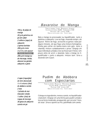 Bavaroise de Manga
                                 TEMPO DE PREPARO : 1 HORA R ENDIMENTO: 4 PORÇÕES
150 g de polpa de                CALORIAS POR PORÇÃO: 152,80 CARBOIDRATOS: 8,50
                                         P ROTEÍNAS: 7,20 LIPÍDIOS: 10,00
manga                               G RAU DE DIFICULDADE: FÁCIL CUSTO: MÉDIO
20 g de gelatina em
pó sem sabor           Bata a manga no processador ou liquidificador. Junte a
                       gelatina e o adoçante. Leve ao fogo, mexendo sempre, até
2 colheres (sopa) de
                       aquecer. Retire do fogo, acrescente as gemas e bata por
adoçante
                       alguns minutos, até que fique uma mistura homogênea.
2 gemas batidas




                                                                                      SOBREMESAS & BOLOS
                       Ponha para esfriar em banho-maria com gelo. Junte o
200 g de creme         chantilly, misture cuidadosamente e prove. Despeje em
chantilly sem açúcar   taças individuais untadas e leve ao freezer por 4 horas. Um
  Purê de frutas       pouco antes de servir a bavaroise, bata a manga no li-
200 g de manga ou      quidificador e junte o adoçante; misture bem. Sirva a
de morango, melão,     bavaroise com o purê.
abacaxi ou goiaba
adoçante a gosto                                                                      65




2 copos (requeijão)          Pudim de Abóbora
de leite desnatado            com Especiarias
1 e ½ xícara (chá)             TEMPO DE PREPARO : 45 MINUTOS R ENDIMENTO: 8 PORÇÕES
                                       CALORIAS: 60,34 CARBOIDRATOS: 3,64
de abóbora cozida                         P ROTEÍNAS: 4,58 LIPÍDIOS: 2,87
2 ovos                              G RAU DE DIFICULDADE: FÁCIL CUSTO: MÉDIO

1 pitada de noz-
moscada ralada
                       Coloque os ingredientes, menos a canela, no liquidificador
1 colher (chá) de
                       e bata bem. Despeje em uma fôrma para pudim untada e
raspas de laranja
                       leve ao forno moderado, preaquecido, por cerca de 1 hora,
30 gotas de adoçante   até assar. Sirva-o quente ou frio, polvilhado com canela.
canela em pó
 