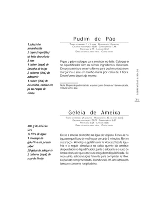 Pudim de Pão
1 pãozinho                       TEMPO DE PREPARO : 1 E ½ HORA R ENDIMENTO: 8 PORÇÕES
                                   CALORIAS POR PORÇÃO: 42,80 CARBOIDRATOS: 7,46
amanhecido                                  P ROTEÍNAS: 2,15 LIPÍDIOS: 0,32
                                       G RAU DE DIFICULDADE: FÁCIL CUSTO: BAIXO
2 copos (requeijão)
de leite desnatado
3 ovos                 Pique o pão e coloque para amolecer no leite. Coloque-o
1 colher (sopa) de     no liquidificador com os demais ingredientes. Bata bem.
farinha de trigo       Despeje a mistura em uma fôrma para pudim untada com




                                                                                                   SOBREMESAS & BOLOS
2 colheres (chá) de    margarina e asse em banho-maria por cerca de 1 hora.
adoçante               Desenforme depois de morno.
1 colher (chá) de
baunilha, canela em    Nota: Depois do pudim batido, se quiser, junte 1 maçã ou 1 banana picada,
                       misture bem e asse.
pó ou raspas de
limão

                                                                                                   71



                               Geléia de Ameixa
                            TEMPO DE PREPARO : 25 MINUTOS R ENDIMENTO: 30 COLHERES (SOPA)
                                   CALORIAS POR PORÇÃO: 25,23 CARBOIDRATOS: 6,27
                                           P ROTEÍNAS: 0,26 LIPÍDIOS: 0,05
                                      G RAU DE DIFICULDADE: FÁCIL CUSTO: BAIXO
300 g de ameixa
seca
½ litro de água        Deixe a ameixa de molho na água de véspera. Ferva-as na
1 envelope de          água em que ficou de molho por cerca de 5 minutos. Retire
gelatina em pó sem     os caroços. Amoleça a gelatina em ½ xícara (chá) de água
sabor                  fria e a seguir dissolva-a na calda quente da ameixa;
20 gotas de adoçante   despeje tudo no liquidificador, junte o adoçante e o suco de
                       limão e bata até que a mistura esteja bem liquidificada. Se
2 colheres (sopa) de
                       necessário, adicione água fervente para completar ½ litro.
suco de limão
                       Depois de bem processado, acondicione em um vidro com
                       tampa e conserve na geladeira.
 