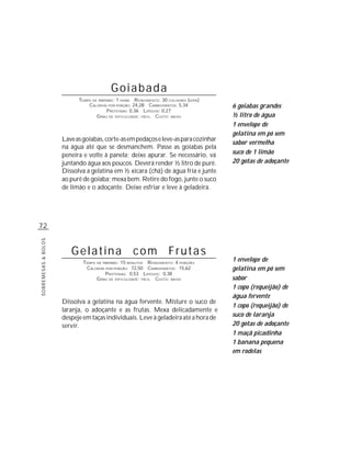 Goiabada
                           TEMPO DE PREPARO : 1 HORA R ENDIMENTO: 30 COLHERES (SOPA)
                               CALORIAS POR PORÇÃO: 24,28 CARBOIDRATOS: 5,34           6 goiabas grandes
                                        P ROTEÍNAS: 0,36 LIPÍDIOS: 0,27
                                   G RAU DE DIFICULDADE: FÁCIL CUSTO: BAIXO            ½ litro de água
                                                                                       1 envelope de
                                                                                       gelatina em pó sem
                     Lave as goiabas, corte-as em pedaços e leve-as para cozinhar
                                                                                       sabor vermelha
                     na água até que se desmanchem. Passe as goiabas pela
                     peneira e volte à panela; deixe apurar. Se necessário, vá         suco de 1 limão
                     juntando água aos poucos. Deverá render ½ litro de purê.          20 gotas de adoçante
                     Dissolva a gelatina em ½ xícara (chá) de água fria e junte
                     ao purê de goiaba; mexa bem. Retire do fogo, junte o suco
                     de limão e o adoçante. Deixe esfriar e leve à geladeira.




72
SOBREMESAS & BOLOS




                        Gelatina com Frutas
                             TEMPO DE PREPARO : 15 MINUTOS R ENDIMENTO: 4 PORÇÕES
                                                                                       1 envelope de
                              CALORIAS POR PORÇÃO: 72,50 CARBOIDRATOS: 15,62           gelatina em pó sem
                                       P ROTEÍNAS: 0,53 LIPÍDIOS: 0,38
                                   G RAU DE DIFICULDADE: FÁCIL CUSTO: BAIXO            sabor
                                                                                       1 copo (requeijão) de
                                                                                       água fervente
                     Dissolva a gelatina na água fervente. Misture o suco de
                                                                                       1 copo (requeijão) de
                     laranja, o adoçante e as frutas. Mexa delicadamente e
                     despeje em taças individuais. Leve à geladeira até a hora de      suco de laranja
                     servir.                                                           20 gotas de adoçante
                                                                                       1 maçã picadinha
                                                                                       1 banana pequena
                                                                                       em rodelas
 