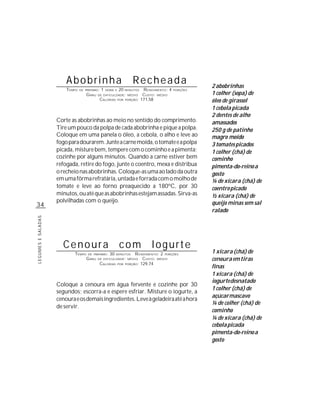 Abobrinha                                    Recheada                       2 abobrinhas
                        TEMPO   DE PREPARO :   1   HORA E   20     R ENDIMENTO: 4
                                                                  MINUTOS                 PORÇÕES
                                    G RAU   DE DIFICULDADE: MÉDIO  CUSTO: MÉDIO                     1 colher (sopa) de
                                             CALORIAS POR PORÇÃO: 171,58                            óleo de girassol
                                                                                                    1 cebola picada
                                                                                                    2 dentes de alho
                    Corte as abobrinhas ao meio no sentido do comprimento.                          amassados
                    Tire um pouco da polpa de cada abobrinha e pique a polpa.                       250 g de patinho
                    Coloque em uma panela o óleo, a cebola, o alho e leve ao                        magro moído
                    fogo para dourarem. Junte a carne moída, o tomate e a polpa                     3 tomates picados
                    picada, misture bem, tempere com o cominho e a pimenta;                         1 colher (chá) de
                    cozinhe por alguns minutos. Quando a carne estiver bem                          cominho
                    refogada, retire do fogo, junte o coentro, mexa e distribua                     pimenta-do-reino a
                    o recheio nas abobrinhas. Coloque-as uma ao lado da outra                       gosto
                    em uma fôrma refratária, untada e forrada com o molho de                        ¼ de xícara (chá) de
                    tomate e leve ao forno preaquecido a 180ºC, por 30                              coentro picado
                    minutos, ou até que as abobrinhas estejam assadas. Sirva-as                     ½ xícara (chá) de
                    polvilhadas com o queijo.                                                       queijo minas sem sal
34
                                                                                                    ralado
LEGUMES E SALADAS




                      Cenoura                               com                Iogurte
                           TEMPO     DE PREPARO :    30   MINUTOS      R ENDIMENTO: 2 PORÇÕES       1 xícara (chá) de
                                    G RAU   DE DIFICULDADE: MÉDIO          CUSTO: MÉDIO             cenoura em tiras
                                             CALORIAS             PORÇÃO: 129,74
                                                                                                    finas
                                                            POR


                                                                                                    1 xícara (chá) de
                                                                                                    iogurte desnatado
                    Coloque a cenoura em água fervente e cozinhe por 30
                                                                                                    1 colher (chá) de
                    segundos; escorra-a e espere esfriar. Misture o iogurte, a
                                                                                                    açúcar mascavo
                    cenoura e os demais ingredientes. Leve à geladeira até a hora
                                                                                                    ¼ de colher (chá) de
                    de servir.
                                                                                                    cominho
                                                                                                    ¼ de xícara (chá) de
                                                                                                    cebola picada
                                                                                                    pimenta-do-reino a
                                                                                                    gosto
 