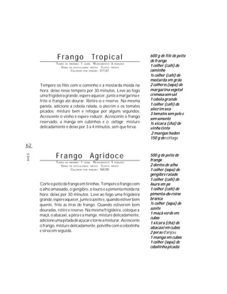 Frango                            Tropical                  600 g de filé de peito
                                                                             de frango
                TEMPO DE   PREPARO :   1            R ENDIMENTO: 6 PORÇÕES
                                                                             1 colher (café) de
                                           HORA
                   G RAU   DE DIFICULDADE: MÉDIO          CUSTO: MÉDIO
                            CALORIAS       POR   PORÇÃO: 317,67              cominho
                                                                             ½ colher (café) de
                                                                             mostarda em grão
       Tempere os filés com o cominho e a mostarda moída na                  2 colheres (sopa) de
       hora; deixe nesse tempero por 30 minutos. Leve ao fogo                margarina vegetal
       uma frigideira grande, espere aquecer, junte a margarina e            cremosa sem sal
       frite o frango até dourar. Retire-o e reserve. Na mesma               1 cebola grande
       panela, adicione a cebola ralada, o alecrim e os tomates              1 colher (café) de
                                                                             alecrim seco
       picados; misture bem e refogue por alguns segundos.
                                                                             3 tomates sem pele e
       Acrescente o vinho e espere reduzir. Acrescente o frango
                                                                             sem semente
       reservado, a manga em cubinhos e o cottage; misture                   ½ xícara (chá) de
       delicadamente e deixe por 3 a 4 minutos, sem que ferva.               vinho tinto
                                                                              2 mangas haden
                                                                             150 g de cottage
62

                Frango                           Agridoce                    500 g de peito de
AVES




                TEMPO DE   PREPARO :   1   HORA     R ENDIMENTO: 5 PORÇÕES
                                                                             frango
                   G RAU   DE DIFICULDADE: MÉDIO          CUSTO: MÉDIO       2 dentes de alho
                            CALORIAS       POR   PORÇÃO: 160,00              1 colher (sopa) de
                                                                             gengibre ralado
                                                                             1 colher (café) de
       Corte o peito de frango em tirinhas. Tempere o frango com             louro em pó
       o alho amassado, o gengibre, o louro e a pimenta moída na             1 colher (café) de
       hora; deixe por 30 minutos. Leve ao fogo uma frigideira               pimenta-do-reino
       grande, espere aquecer, junte o azeite e, quando estiver bem          branca
       quente, frite as tiras de frango. Quando estiverem bem                ½ colher (sopa) de
       douradas, retire e reserve. Na mesma frigideira, coloque a            azeite
       maçã, o abacaxi, a pêra e a manga; misture delicadamente,             1 maçã verde em
                                                                             cubos
       adicione uma pitada de açúcar e torne a misturar. Acrescente
                                                                             1 xícara (chá) de
       o frango, misture delicadamente, polvilhe com a cebolinha             abacaxi em cubos
       e sirva em seguida.                                                   2 peras d'anjou
                                                                             1 manga em cubos
                                                                             1 colher (sopa) de
                                                                             cebolinha picada
 