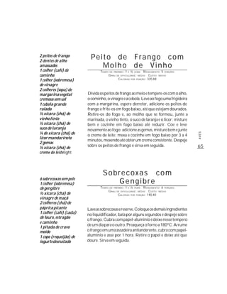 2 peitos de frango
2 dentes de alho
                           Peito de Frango com
amassados                     Molho de Vinho
1 colher (café) de              TEMPO   DE PREPARO :   1   E   ½   HORA   R ENDIMENTO: 5 PORÇÕES
cominho                                 G RAU   DE DIFICULDADE: MÉDIO         CUSTO: MÉDIO
1 colher (sobremesa)                             CALORIAS      POR   PORÇÃO: 320,68


de vinagre
2 colheres (sopa) de
margarina vegetal        Divida os peitos de frango ao meio e tempere-os com o alho,
cremosa sem sal          o cominho, o vinagre e a cebola. Leve ao fogo uma frigideira
1 cebola grande          com a margarina, espere derreter, adicione os peitos de
ralada                   frango e frite-os em fogo baixo, até que estejam dourados.
½ xícara (chá) de        Retire-os do fogo e, ao molho que se formou, junte a
vinho tinto              marinada, o vinho tinto, o suco de laranja e o licor; misture
½ xícara (chá) de        bem e cozinhe em fogo baixo até reduzir. Coe e leve
suco de laranja          novamente ao fogo; adicione as gemas, misture bem e junte
¼ de xícara (chá) de




                                                                                                   AVES
                         o creme de leite; mexa e cozinhe em fogo baixo por 3 a 4
licor mandarineto
                         minutos, mexendo até obter um creme consistente. Despeje
2 gemas
                         sobre os peitos de frango e sirva em seguida.                             65
½ xícara (chá) de
creme de leite light




                                  Sobrecoxas com
6 sobrecoxas sem pele
1 colher (sobremesa)                 Gengibre
de gengibre                     TEMPO   DE PREPARO :   1   E   ½   HORA   R ENDIMENTO: 6 PORÇÕES
                                        G RAU   DE DIFICULDADE: MÉDIO         CUSTO: MÉDIO
½ xícara (chá) de                                CALORIAS      POR   PORÇÃO: 140,40
vinagre de maçã
2 colheres (chá) de
páprica picante          Lave as sobrecoxas e reserve. Coloque os demais ingredientes
1 colher (café) (cada)   no liquidificador, bata por alguns segundos e despeje sobre
de louro, estragão
                         o frango. Cubra com papel-alumínio e deixe nesse tempero
e cominho
                         de um dia para o outro. Preaqueça o forno a 180ºC. Arrume
1 pitada de cravo
moído                    o frango em uma assadeira antianderente, cubra com papel-
1 copo (requeijão) de    alumínio e asse por 1 hora. Retire o papel e deixe até que
iogurte desnatado        doure. Sirva em seguida.
 