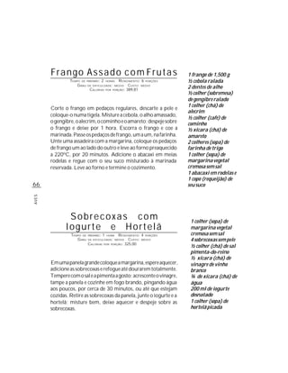 Frango Assado com Frutas                                           1 frango de 1,500 g
                TEMPO DE PREPARO : 2 HORAS R ENDIMENTO: 6 PORÇÕES         ½ cebola ralada
                    G RAU DE DIFICULDADE: MÉDIO CUSTO: MÉDIO
                           CALORIAS POR PORÇÃO: 389,81
                                                                          2 dentes de alho
                                                                          ½ colher (sobremesa)
                                                                          de gengibre ralado
                                                                          1 colher (chá) de
       Corte o frango em pedaços regulares, descarte a pele e
                                                                          alecrim
       coloque-o numa tigela. Misture a cebola, o alho amassado,
                                                                          ½ colher (café) de
       o gengibre, o alecrim, o cominho e o amareto; despeje sobre        cominho
       o frango e deixe por 1 hora. Escorra o frango e coe a              ½ xícara (chá) de
       marinada. Passe os pedaços de frango, um a um, na farinha.         amareto
       Unte uma assadeira com a margarina, coloque os pedaços             2 colheres (sopa) de
       de frango um ao lado do outro e leve ao forno preaquecido          farinha de trigo
       a 220ºC, por 20 minutos. Adicione o abacaxi em meias               1 colher (sopa) de
       rodelas e regue com o seu suco misturado à marinada                margarina vegetal
       reservada. Leve ao forno e termine o cozimento.                    cremosa sem sal
                                                                          1 abacaxi em rodelas e
                                                                          1 copo (requeijão) de
66                                                                        seu suco
AVES




               Sobrecoxas com                                              1 colher (sopa) de
              Iogurte e Hortelã                                            margarina vegetal
                TEMPO DE   PREPARO :   1   HORA  R ENDIMENTO: 4 PORÇÕES    cremosa sem sal
                   G RAU   DE DIFICULDADE: MÉDIO       CUSTO: MÉDIO        4 sobrecoxas sem pele
                           CALORIAS          PORÇÃO: 325,00
                                       POR
                                                                           ½ colher (chá) de sal
                                                                           pimenta-do-reino
                                                                           ½ xícara (chá) de
       Em uma panela grande coloque a margarina, espere aquecer,           vinagre de vinho
       adicione as sobrecoxas e refogue até dourarem totalmente.           branco
       Tempere com o sal e a pimenta a gosto; acrescente o vinagre,        ¾ de xícara (chá) de
       tampe a panela e cozinhe em fogo brando, pingando água              água
       aos poucos, por cerca de 30 minutos, ou até que estejam             200 ml de iogurte
       cozidas. Retire as sobrecoxas da panela, junte o iogurte e a        desnatado
       hortelã; misture bem, deixe aquecer e despeje sobre as              1 colher (sopa) de
       sobrecoxas.                                                         hortelã picada
 