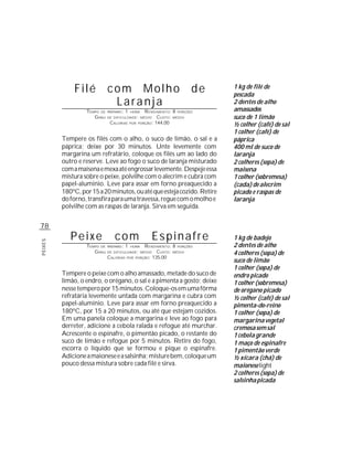 Filé            com Molho                                     de   1 kg de filé de
                                                                                pescada
                              Laranja                                           2 dentes de alho
                  TEMPO DE   PREPARO :   1   HORA     R ENDIMENTO: 8 PORÇÕES    amassados
                     G RAU   DE DIFICULDADE: MÉDIO          CUSTO: MÉDIO        suco de 1 limão
                              CALORIAS       POR   PORÇÃO: 144,00
                                                                                ½ colher (café) de sal
                                                                                1 colher (café) de
         Tempere os filés com o alho, o suco de limão, o sal e a                páprica
         páprica; deixe por 30 minutos. Unte levemente com                      400 ml de suco de
         margarina um refratário, coloque os filés um ao lado do                laranja
         outro e reserve. Leve ao fogo o suco de laranja misturado              2 colheres (sopa) de
         com a maisena e mexa até engrossar levemente. Despeje essa             maisena
         mistura sobre o peixe, polvilhe com o alecrim e cubra com              1 colher (sobremesa)
         papel-alumínio. Leve para assar em forno preaquecido a                 (cada) de alecrim
         180ºC, por 15 a 20 minutos, ou até que esteja cozido. Retire           picado e raspas de
         do forno, transfira para uma travessa, regue com o molho e             laranja
         polvilhe com as raspas de laranja. Sirva em seguida.


78
            Peixe                com                     Espinafre              1 kg de badejo
PEIXES




                  TEMPO DE   PREPARO :   1   HORA  R ENDIMENTO: 8 PORÇÕES       2 dentes de alho
                     G RAU   DE DIFICULDADE: MÉDIO       CUSTO: MÉDIO           4 colheres (sopa) de
                             CALORIAS          PORÇÃO: 135,00
                                                                                suco de limão
                                         POR


                                                                                1 colher (sopa) de
         Tempere o peixe com o alho amassado, metade do suco de                 endro picado
         limão, o endro, o orégano, o sal e a pimenta a gosto; deixe            1 colher (sobremesa)
         nesse tempero por 15 minutos. Coloque-os em uma fôrma                  de orégano picado
         refratária levemente untada com margarina e cubra com                  ½ colher (café) de sal
         papel-alumínio. Leve para assar em forno preaquecido a                 pimenta-do-reino
         180ºC, por 15 a 20 minutos, ou até que estejam cozidos.                1 colher (sopa) de
         Em uma panela coloque a margarina e leve ao fogo para                  margarina vegetal
         derreter, adicione a cebola ralada e refogue até murchar.              cremosa sem sal
         Acrescente o espinafre, o pimentão picado, o restante do               1 cebola grande
         suco de limão e refogue por 5 minutos. Retire do fogo,                 1 maço de espinafre
         escorra o líquido que se formou e pique o espinafre.                   1 pimentão verde
         Adicione a maionese e a salsinha; misture bem, coloque um              ½ xícara (chá) de
         pouco dessa mistura sobre cada filé e sirva.                           maionese light
                                                                                2 colheres (sopa) de
                                                                                salsinha picada
 