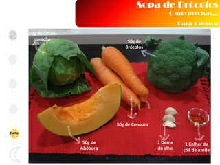 Sopa de Brócolos
O que precisas…
Para 1 pessoa
Jantar
1 Colher de
chá de azeite
50g de
Brócolos
50g de
Abóbora
50g de Cenoura
1 Dente
de alho
50g de Couve
coração
 
